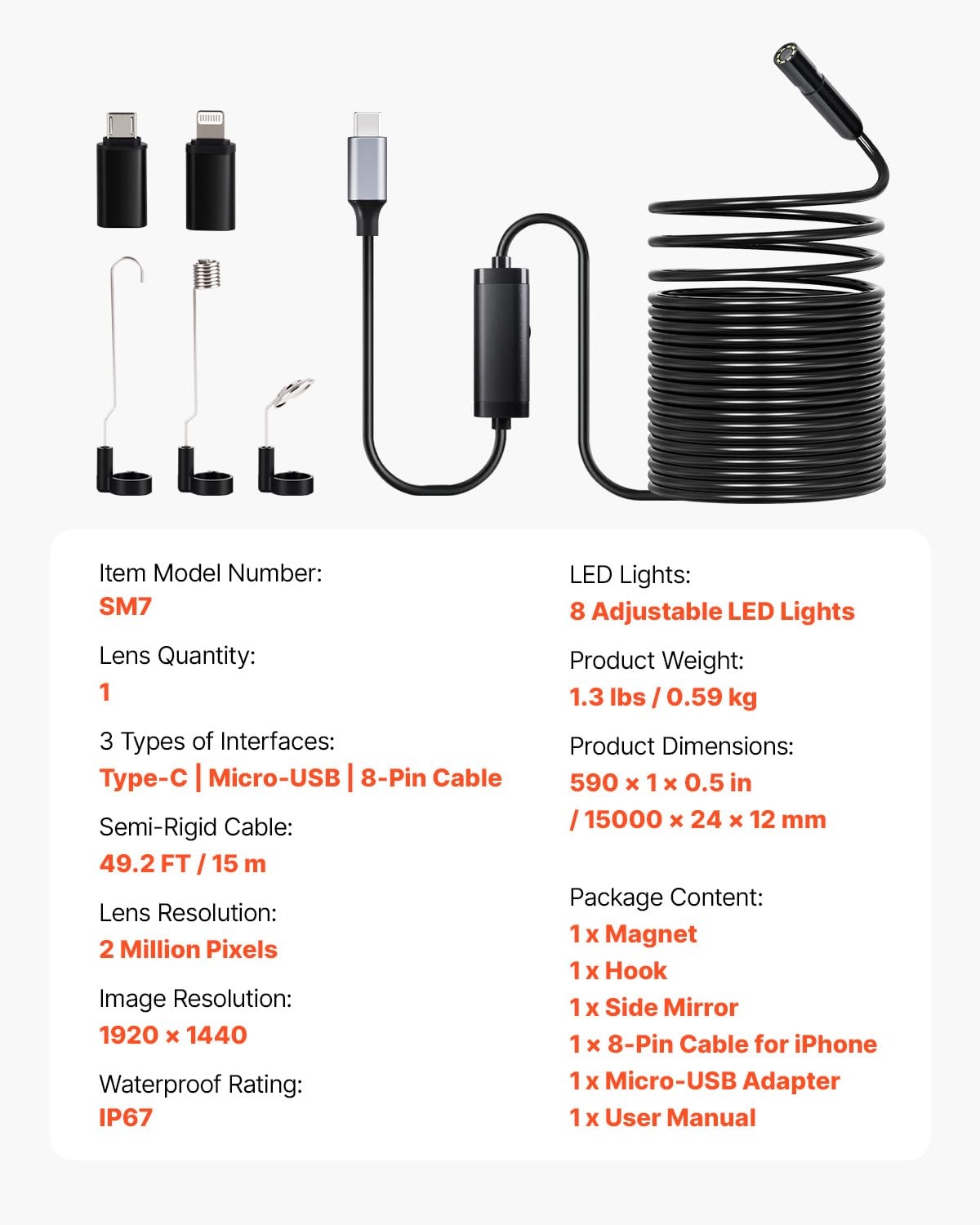 image:imageVEVOR Endoscope Camera with 492FT SemiRigid Cable 1920P HD Borescope for Android amp iOS Industrial Inspection Tool with Light 8 LED 2X Zoom IP67 Waterproof Snake Camera for Auto Plumbing