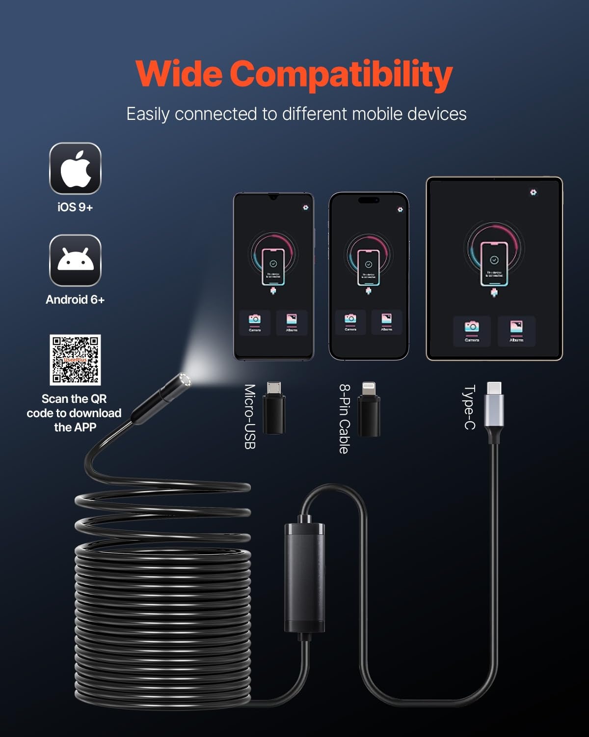 image:imageVEVOR Endoscope Camera with 492FT SemiRigid Cable 1920P HD Borescope for Android amp iOS Industrial Inspection Tool with Light 8 LED 2X Zoom IP67 Waterproof Snake Camera for Auto Plumbing