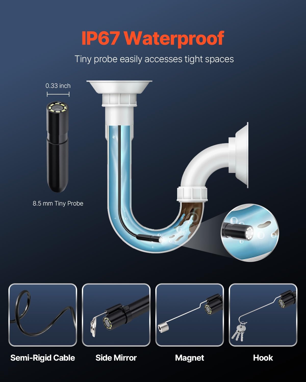 image:imageVEVOR Endoscope Camera with Light 1920P HD Borescope for Android amp iOS 8 LED Lights Inspection Camera with 10FT SemiRigid Cable 2X Zoom IP67 Waterproof Snake Scope Camera for Auto Plumbing164FT