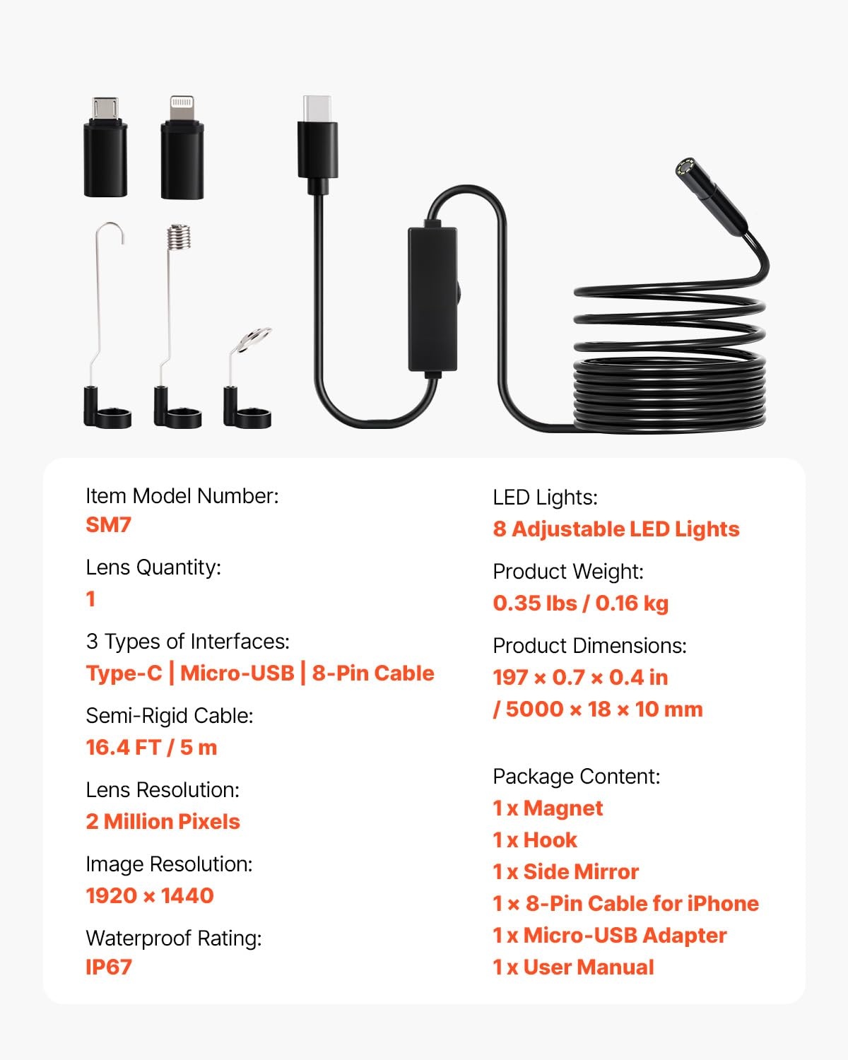 image:imageVEVOR Endoscope Camera with Light 1920P HD Borescope for Android amp iOS 8 LED Lights Inspection Camera with 10FT SemiRigid Cable 2X Zoom IP67 Waterproof Snake Scope Camera for Auto Plumbing164FT