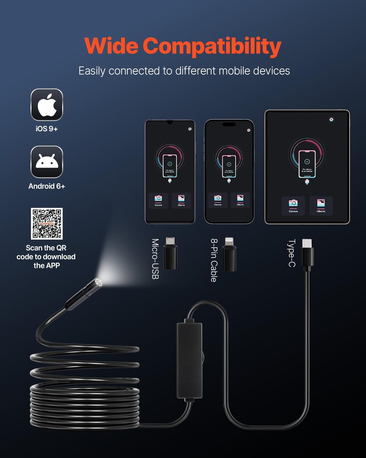 image:imageVEVOR Endoscope Camera with Light 1920P HD Borescope for Android amp iOS 8 LED Lights Inspection Camera with 10FT SemiRigid Cable 2X Zoom IP67 Waterproof Snake Scope Camera for Auto Plumbing164FT