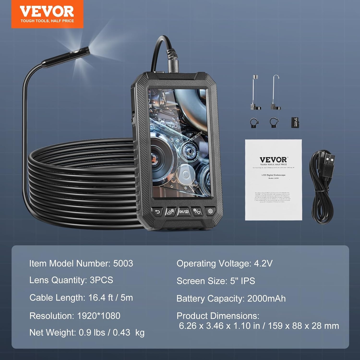 image:imageVEVOR Endoscope Camera with Light Triple Lens Borescope with 492FT SemiRigid Cable 5 Screen 1080P Inspection Camera 8 2 LED Lights IP67 Waterproof Snake Cameras for Auto Plumbing 32GB Card5 ScreenTriple Lens