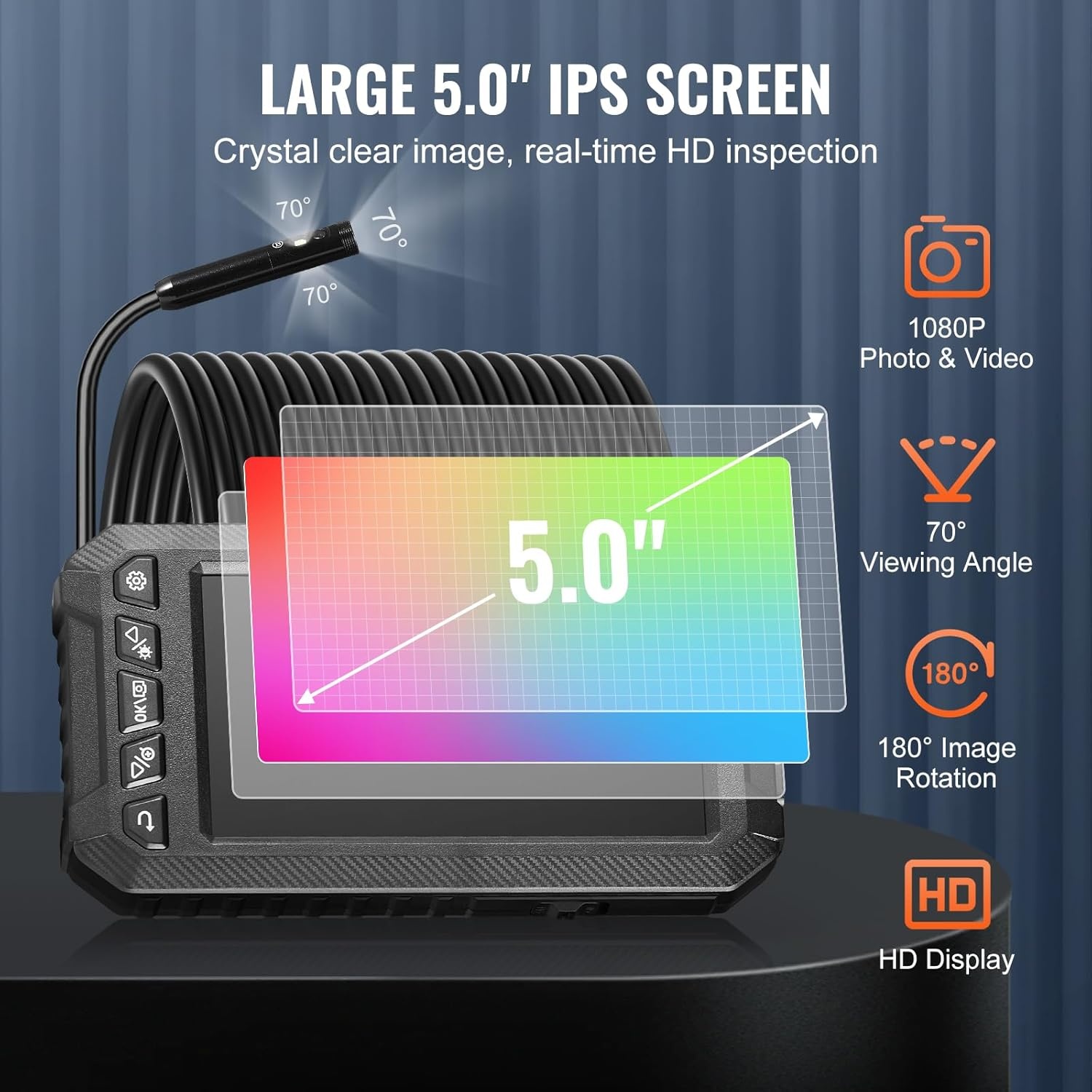 image:imageVEVOR Endoscope Camera with Light Triple Lens Borescope with 492FT SemiRigid Cable 5 Screen 1080P Inspection Camera 8 2 LED Lights IP67 Waterproof Snake Cameras for Auto Plumbing 32GB Card5 ScreenTriple Lens