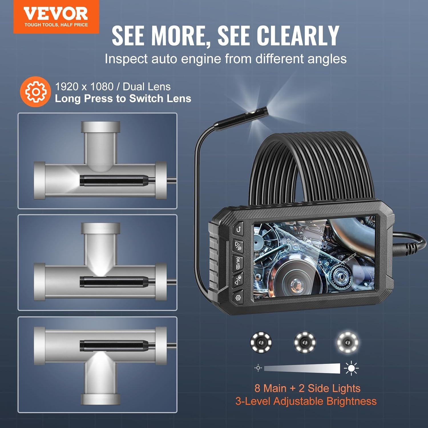 image:imageVEVOR Endoscope Camera with Light Triple Lens Borescope with 492FT SemiRigid Cable 5 Screen 1080P Inspection Camera 8 2 LED Lights IP67 Waterproof Snake Cameras for Auto Plumbing 32GB Card5 ScreenTriple Lens