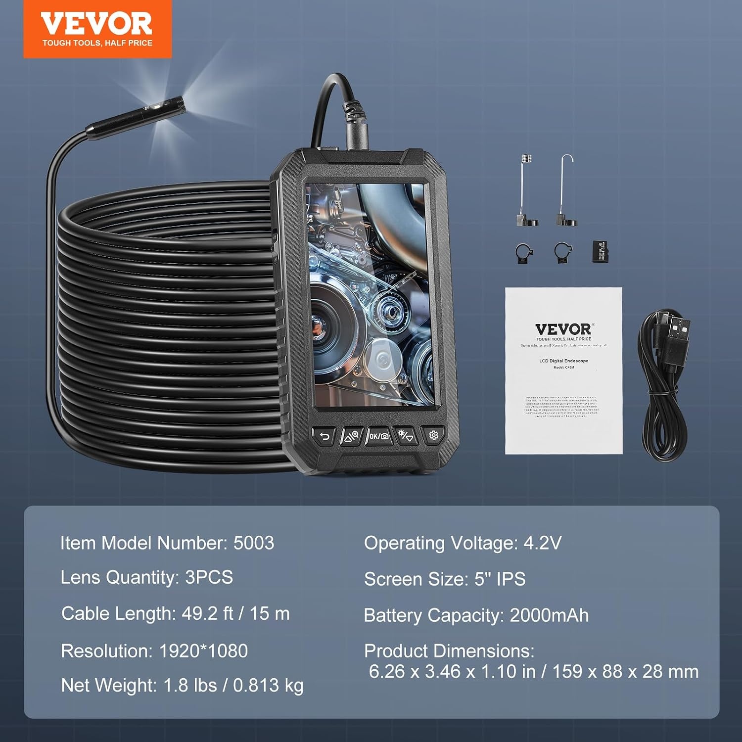 image:imageVEVOR Endoscope Camera with Light Triple Lens Borescope with 492FT SemiRigid Cable 5 Screen 1080P Inspection Camera 8 2 LED Lights IP67 Waterproof Snake Cameras for Auto Plumbing 32GB Card5 IPS Screen492FT