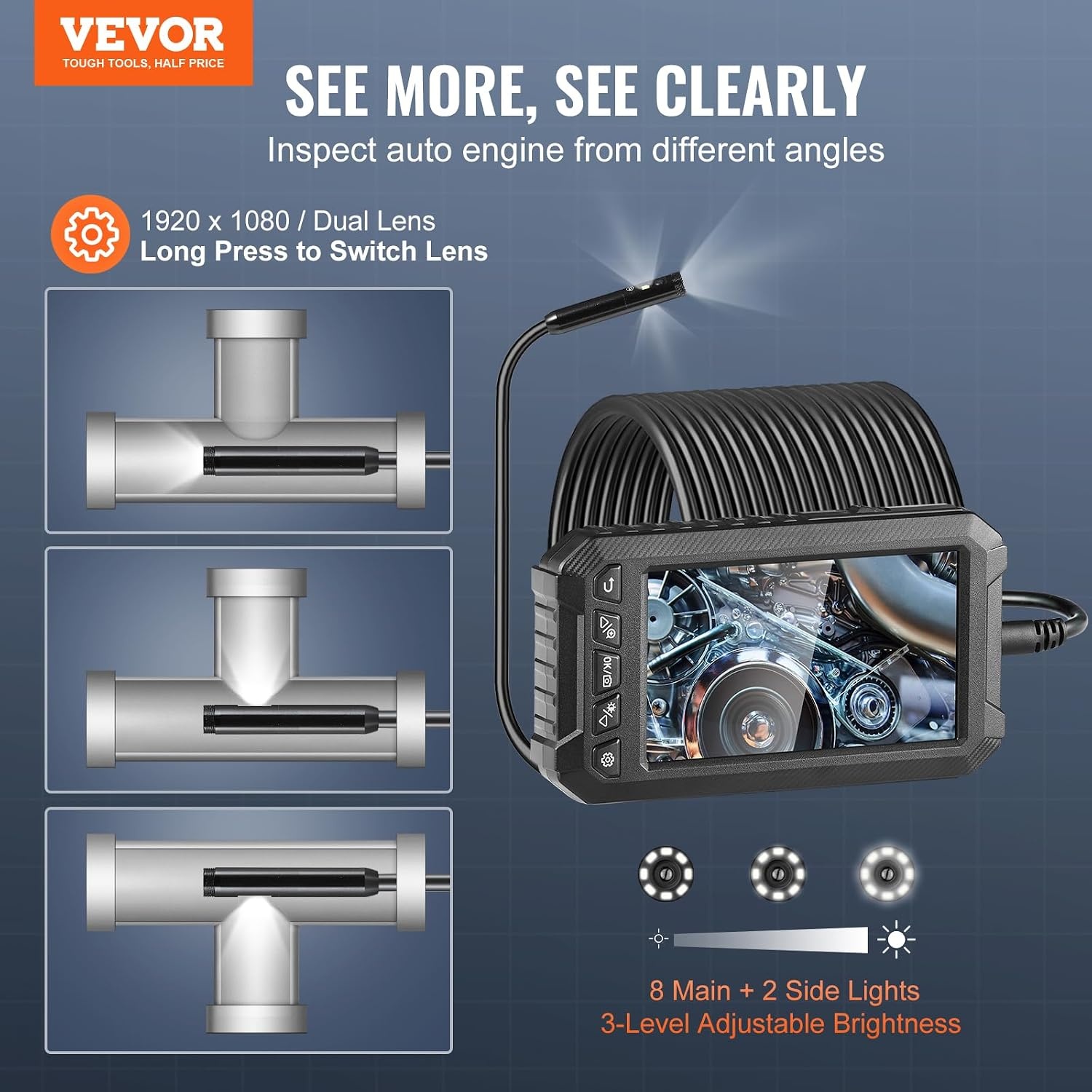 image:imageVEVOR Endoscope Camera with Light Triple Lens Borescope with 492FT SemiRigid Cable 5 Screen 1080P Inspection Camera 8 2 LED Lights IP67 Waterproof Snake Cameras for Auto Plumbing 32GB Card5 IPS Screen492FT