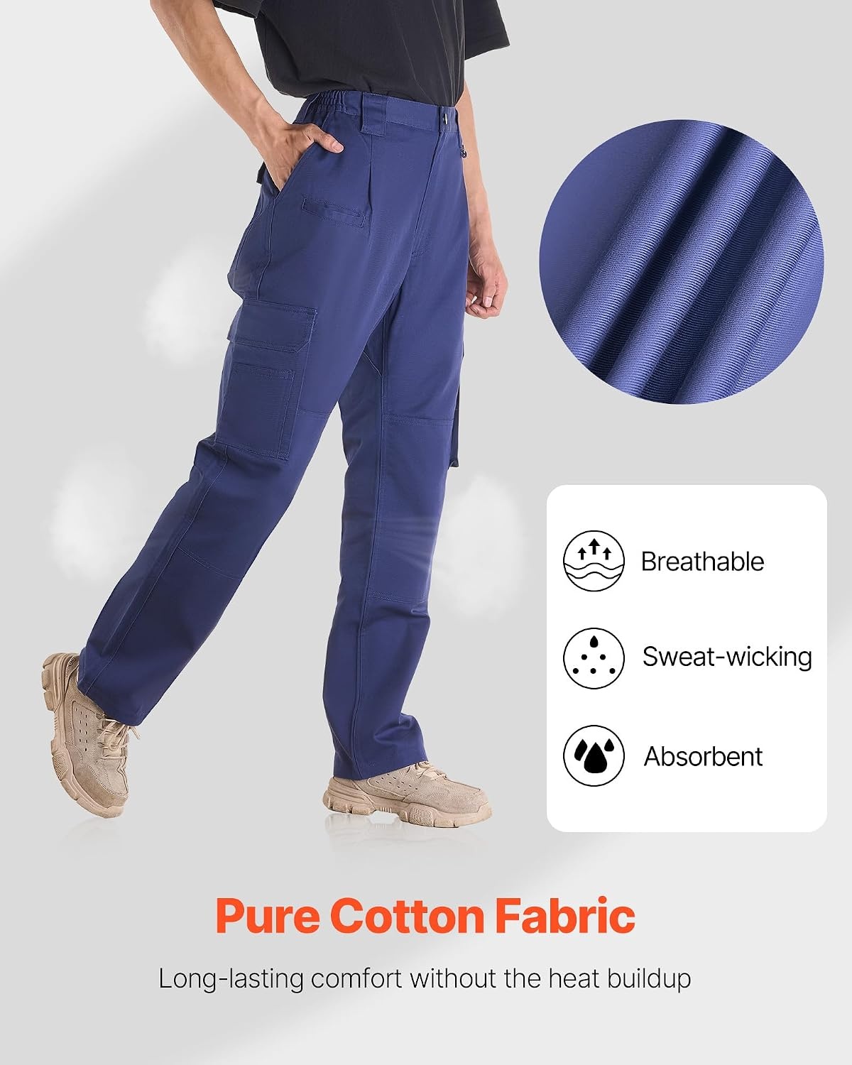 image:imageVEVOR FR Pants for Men 9 oz 100 Cotton FlameResistant Cargo Pants with MultiPockets and Elastic Waist Reinforced Tearproof Stitching Ideal for Welding Work and Casual Wear XXL Size Dark Blue