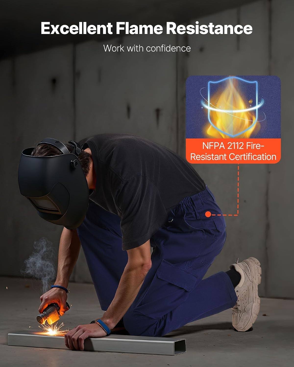 image:imageVEVOR FR Pants for Men 9 oz 100 Cotton FlameResistant Cargo Pants with MultiPockets and Elastic Waist Reinforced Tearproof Stitching Ideal for Welding Work and Casual Wear XXL Size Dark Blue