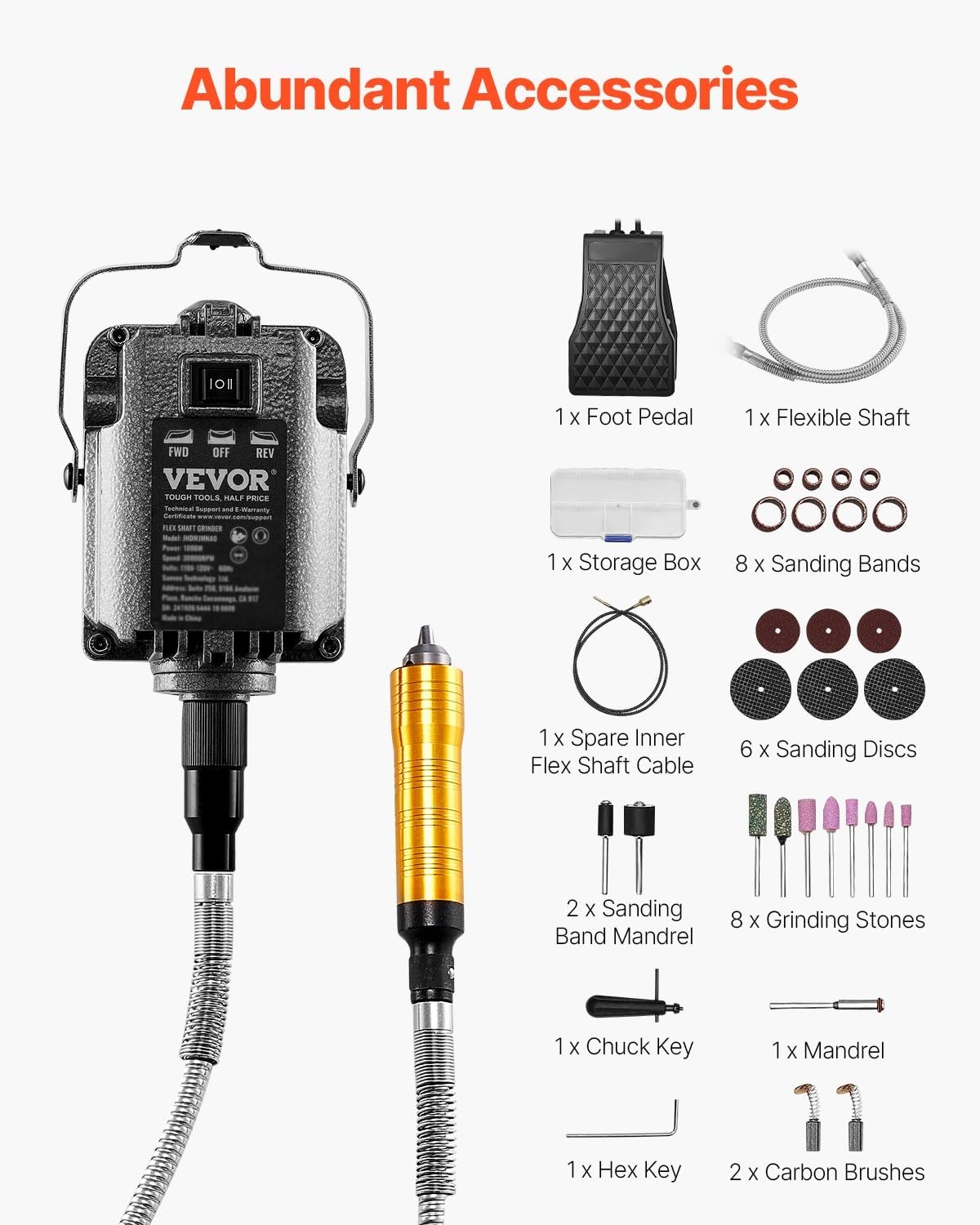 image:imageVEVOR Flex Shaft Grinder 125W 18000RPM Electric Flex Shaft Rotary Tool FootPedal Control Hanging Carver Grinder with 112PCS Accessory Kit for Sanding Buffing Polishing Cutting1000W