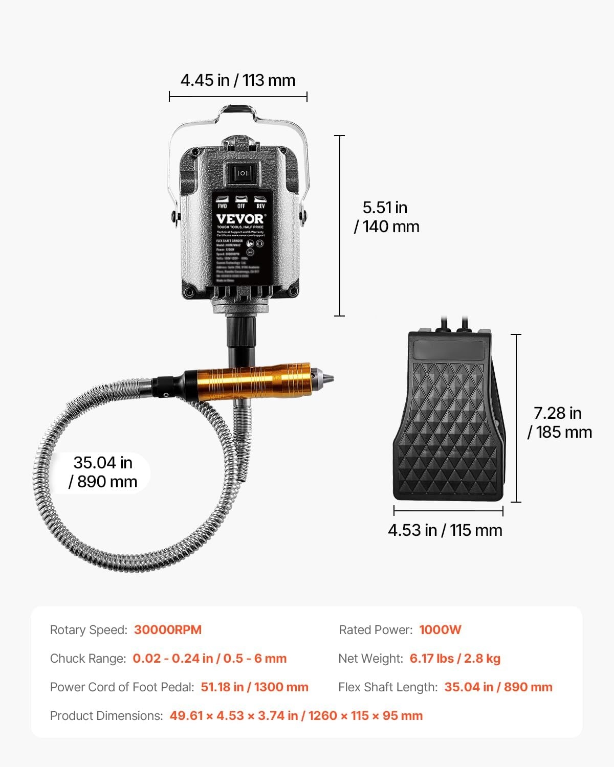 image:imageVEVOR Flex Shaft Grinder 125W 18000RPM Electric Flex Shaft Rotary Tool FootPedal Control Hanging Carver Grinder with 112PCS Accessory Kit for Sanding Buffing Polishing Cutting1000W