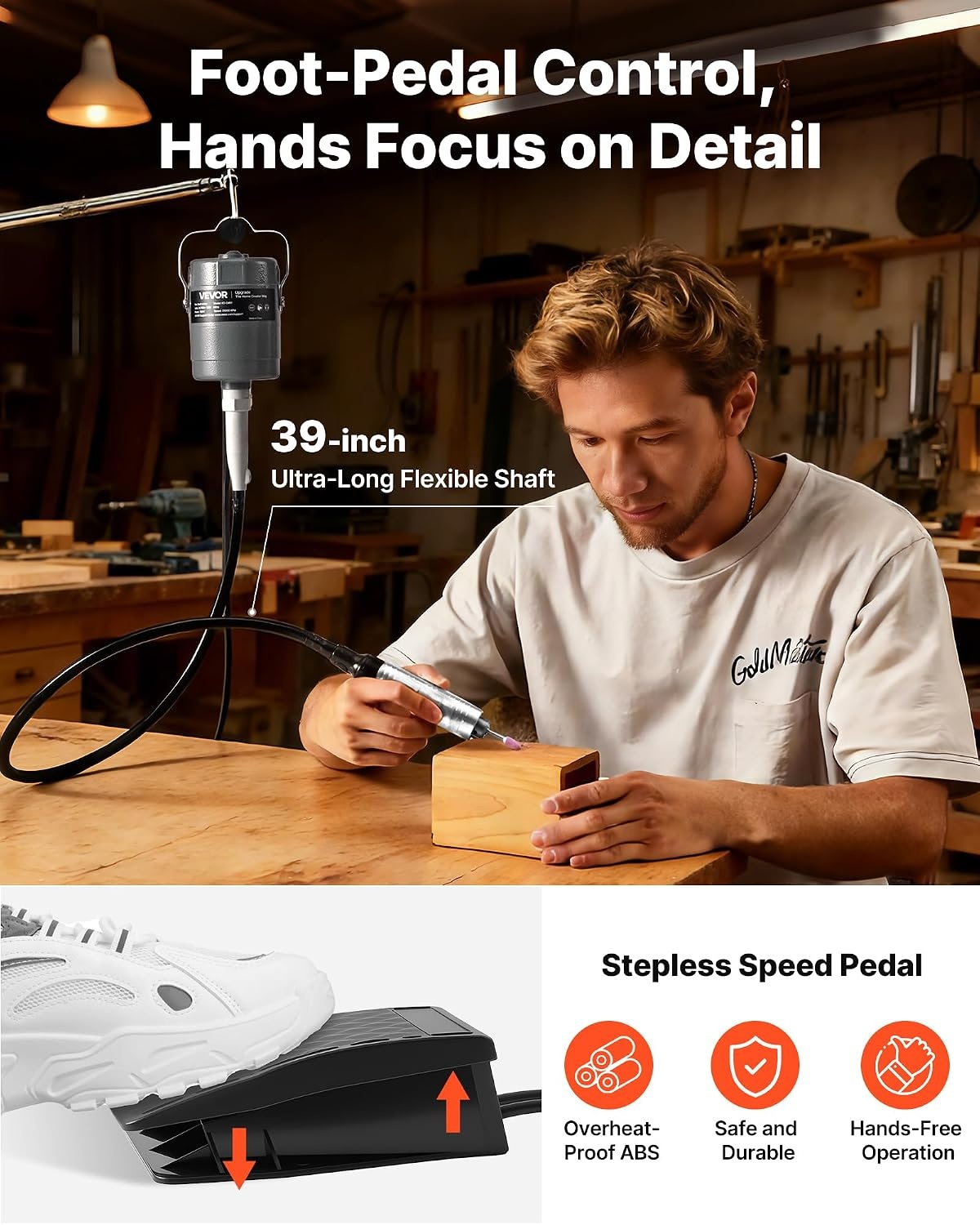 image:imageVEVOR Flex Shaft Grinder 125W 18000RPM Electric Flex Shaft Rotary Tool FootPedal Control Hanging Carver Grinder with 112PCS Accessory Kit for Sanding Buffing Polishing Cutting150W with 112PCS