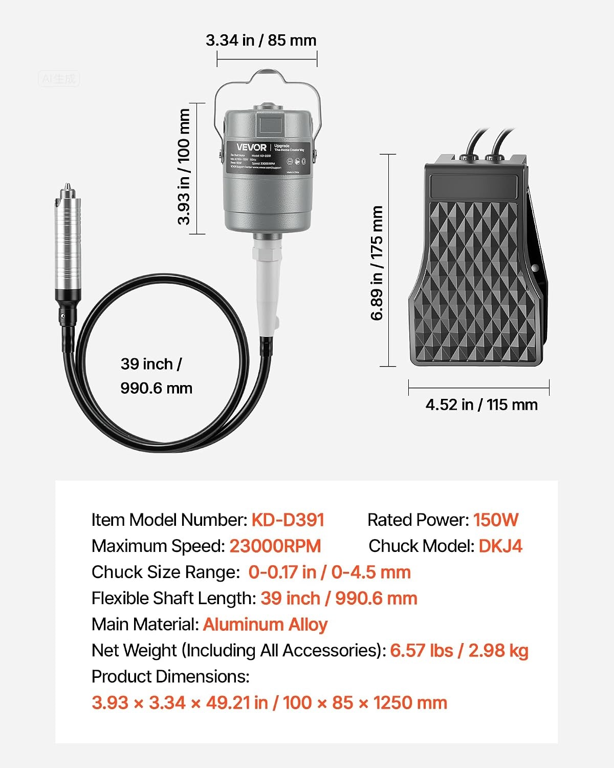 image:imageVEVOR Flex Shaft Grinder 125W 18000RPM Electric Flex Shaft Rotary Tool FootPedal Control Hanging Carver Grinder with 112PCS Accessory Kit for Sanding Buffing Polishing Cutting150W with 112PCS