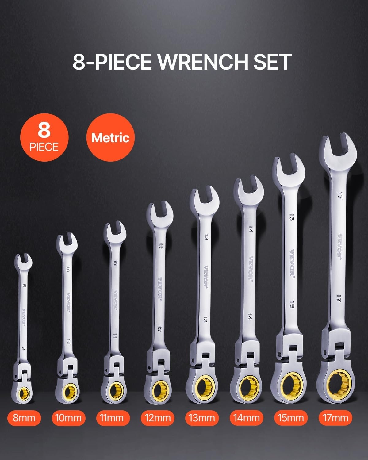 image:imageVEVOR FlexHead Ratcheting Wrench Set Nickel Plating 8piece Flexible Ratcheting Combination Wrench Set with Rollup Pouch CRV 72 Teeth Metric 817mmFlexhead