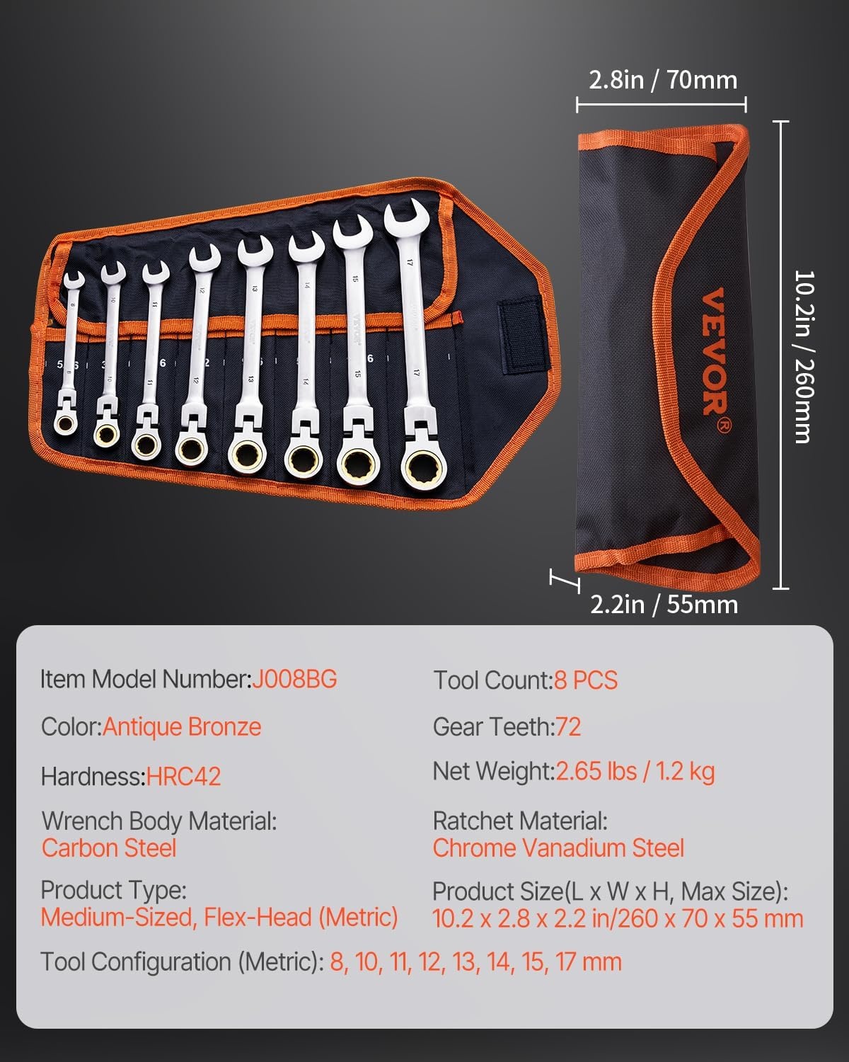 image:imageVEVOR FlexHead Ratcheting Wrench Set Nickel Plating 8piece Flexible Ratcheting Combination Wrench Set with Rollup Pouch CRV 72 Teeth Metric 817mmFlexhead