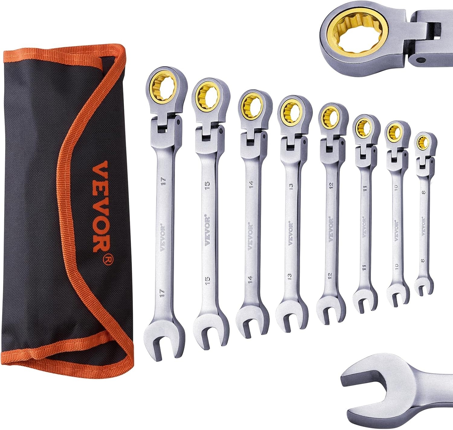 image:imageVEVOR FlexHead Ratcheting Wrench Set Nickel Plating 8piece Flexible Ratcheting Combination Wrench Set with Rollup Pouch CRV 72 Teeth Metric 817mmFlexhead