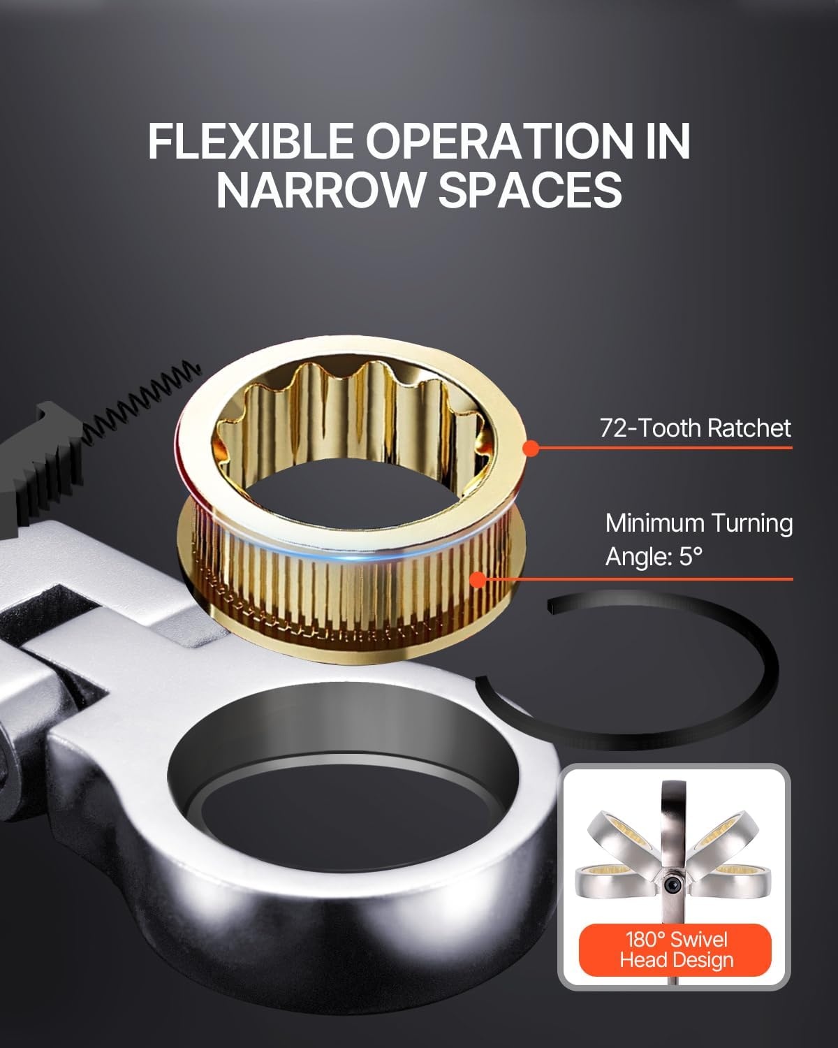 image:imageVEVOR FlexHead Ratcheting Wrench Set Nickel Plating 8piece Flexible Ratcheting Combination Wrench Set with Rollup Pouch CRV 72 Teeth Metric 817mmFlexhead