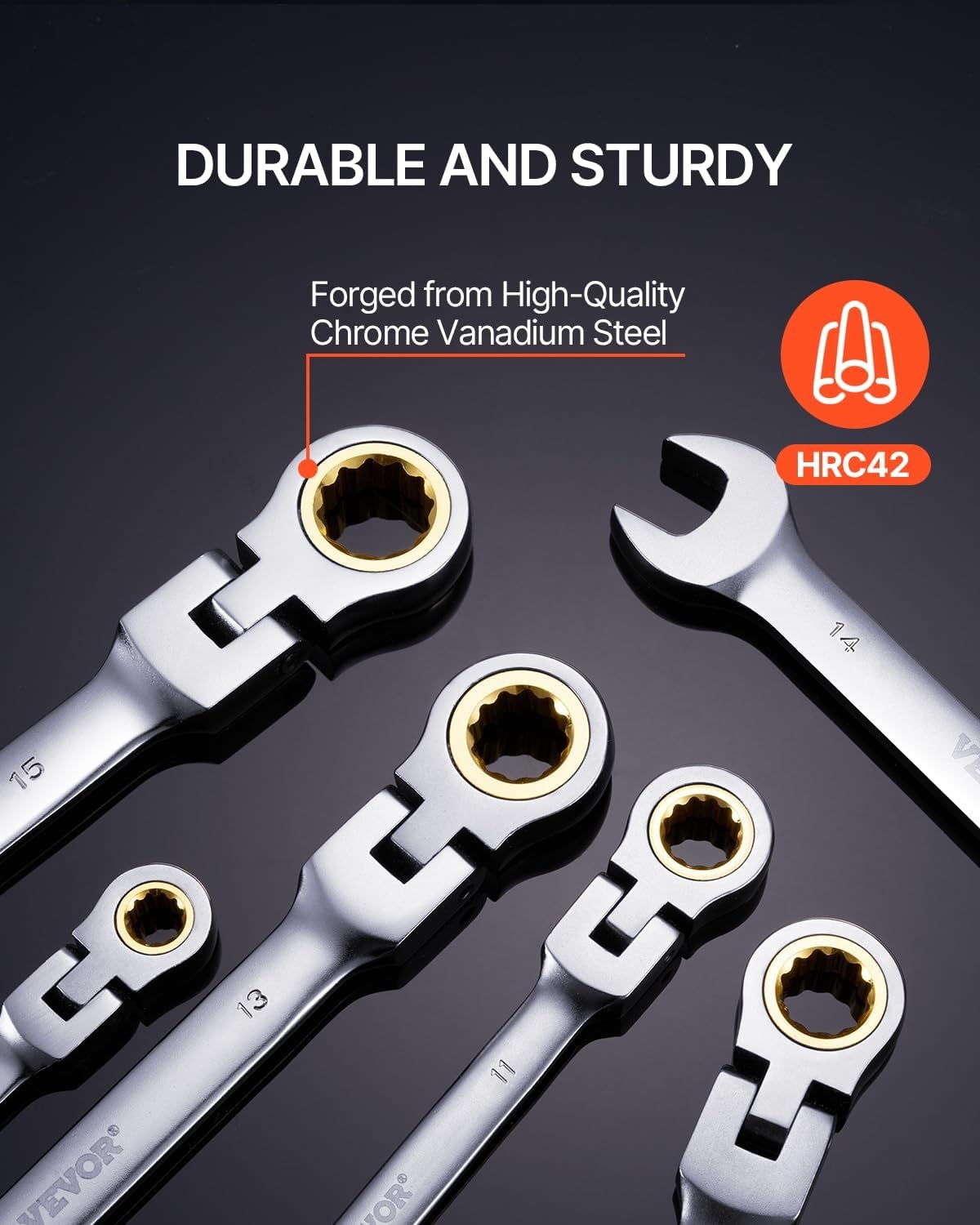 image:imageVEVOR FlexHead Ratcheting Wrench Set Nickel Plating 8piece Flexible Ratcheting Combination Wrench Set with Rollup Pouch CRV 72 Teeth Metric 817mmFlexhead