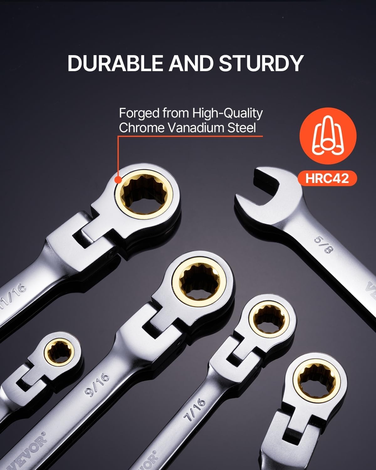 image:imageVEVOR FlexHead Ratcheting Wrench Set Nickel Plating 8piece Flexible Ratcheting Combination Wrench Set with Rollup Pouch CRV 72 Teeth Metric 817mmFlexhead