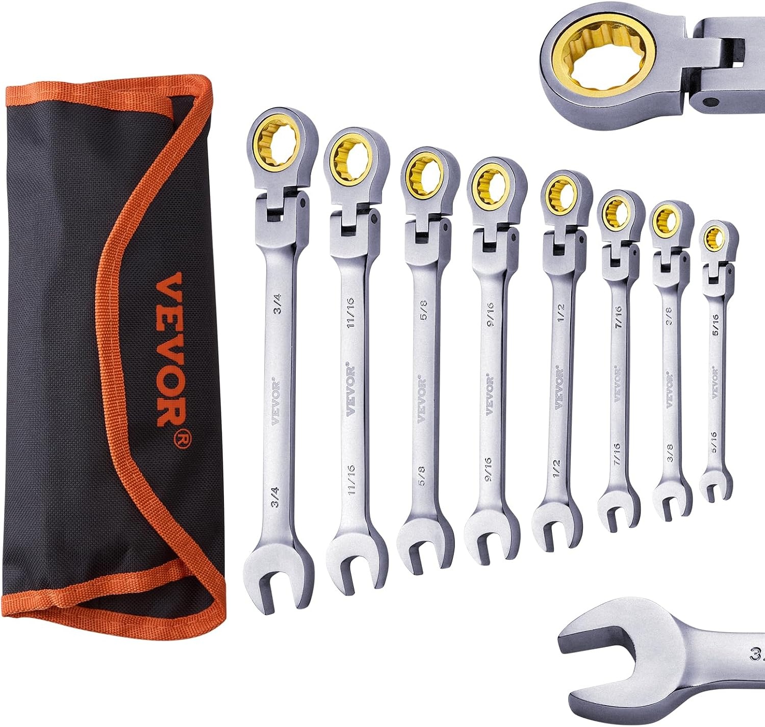 image:imageVEVOR FlexHead Ratcheting Wrench Set Nickel Plating 8piece Flexible Ratcheting Combination Wrench Set with Rollup Pouch CRV 72 Teeth Metric 817mmFlexhead