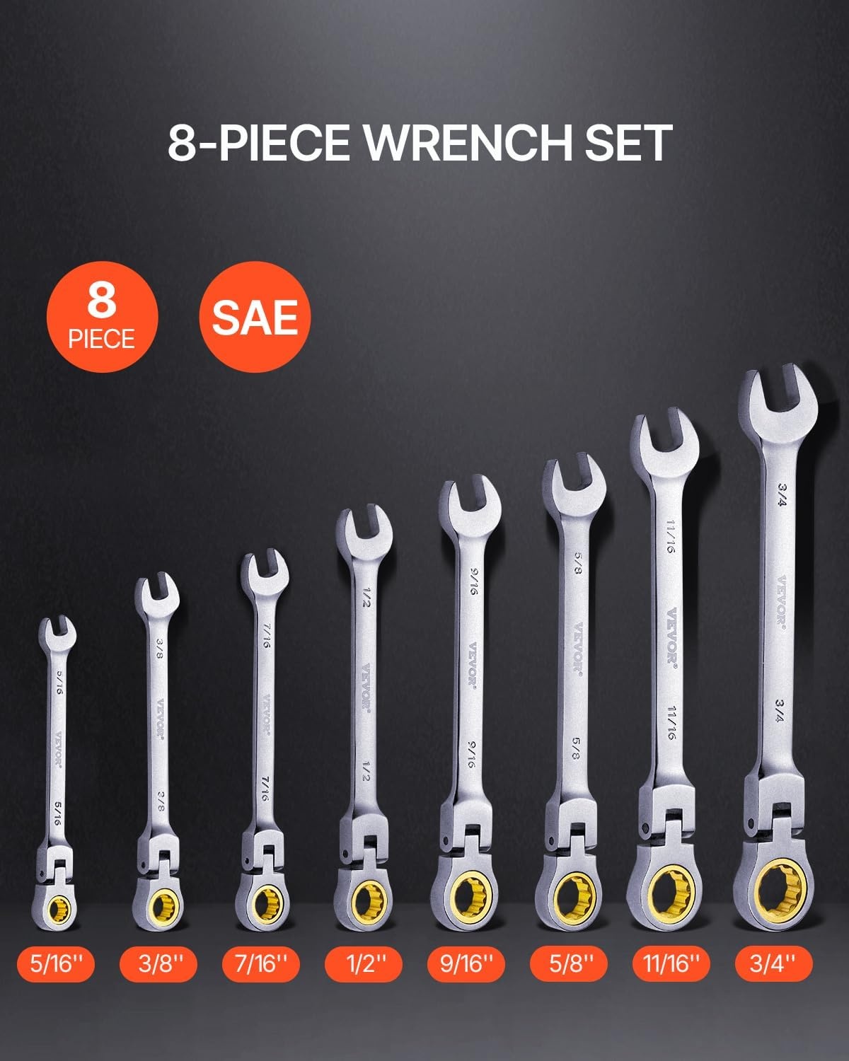 image:imageVEVOR FlexHead Ratcheting Wrench Set Nickel Plating 8piece Flexible Ratcheting Combination Wrench Set with Rollup Pouch CRV 72 Teeth Metric 817mmFlexhead