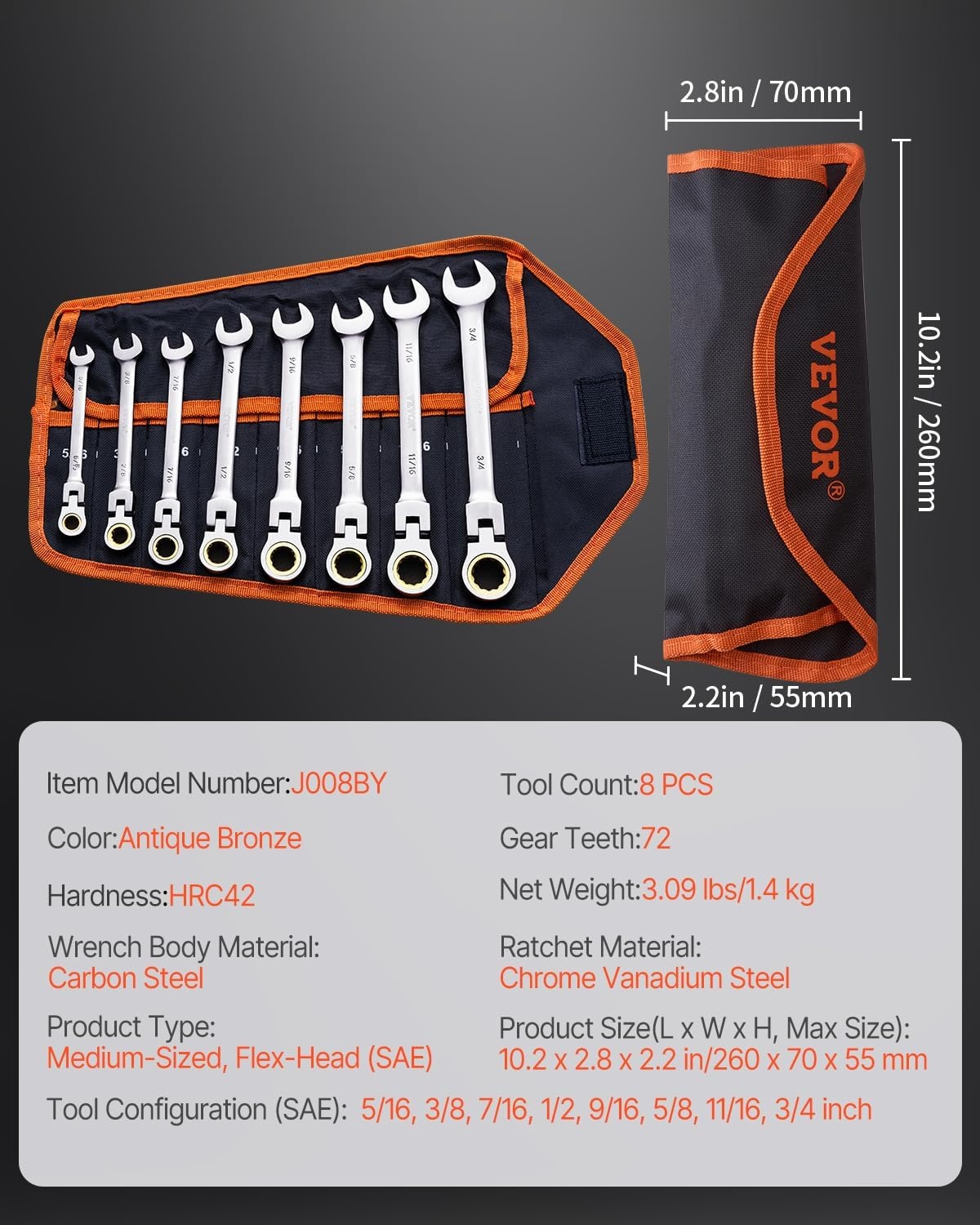 image:imageVEVOR FlexHead Ratcheting Wrench Set Nickel Plating 8piece Flexible Ratcheting Combination Wrench Set with Rollup Pouch CRV 72 Teeth Metric 817mmFlexhead