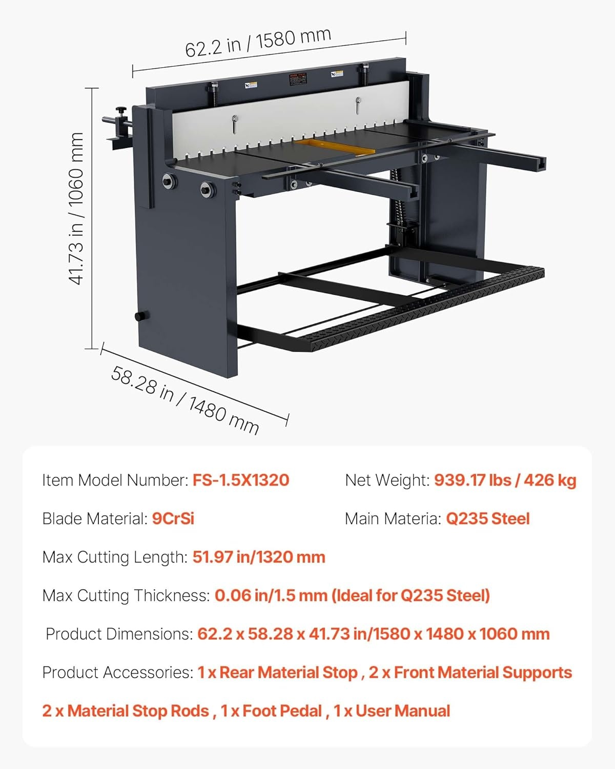 image:imageVEVOR Foot Stomp Sheet Metal Shear 52 in Width Manual Floor Shear with Soild Steel Frame Adjustable Blade Gap Material Stops FootPedal Control for Cutting Steel Copper Rebar and Aluminum