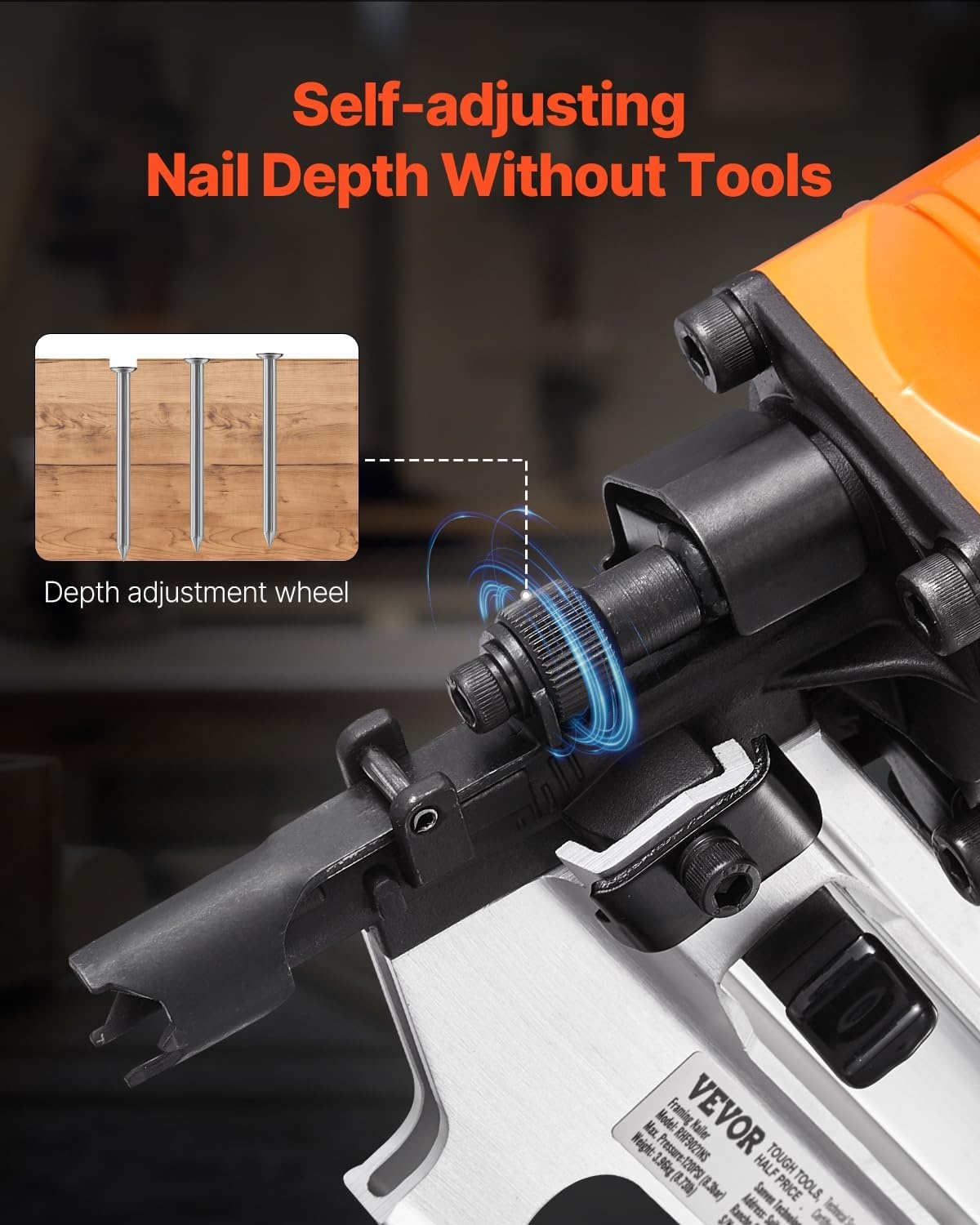 image:imageVEVOR Framing Nailer 80120PSI Air Nail Gun 2 to 312 21 Degree Full Round Head Pneumatic Framing Nailer with ToolLess Depth Adjustment amp Dual Trigger Modes Ideal for Framing Decking Flooring