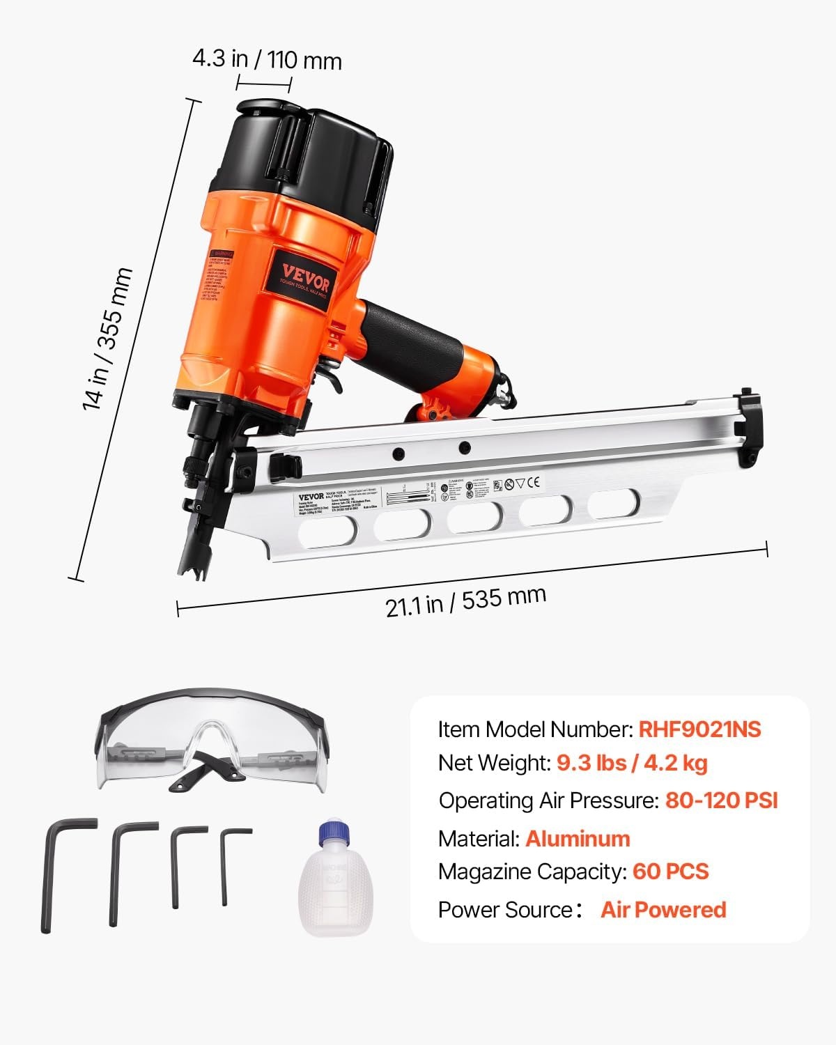 image:imageVEVOR Framing Nailer 80120PSI Air Nail Gun 2 to 312 21 Degree Full Round Head Pneumatic Framing Nailer with ToolLess Depth Adjustment amp Dual Trigger Modes Ideal for Framing Decking Flooring
