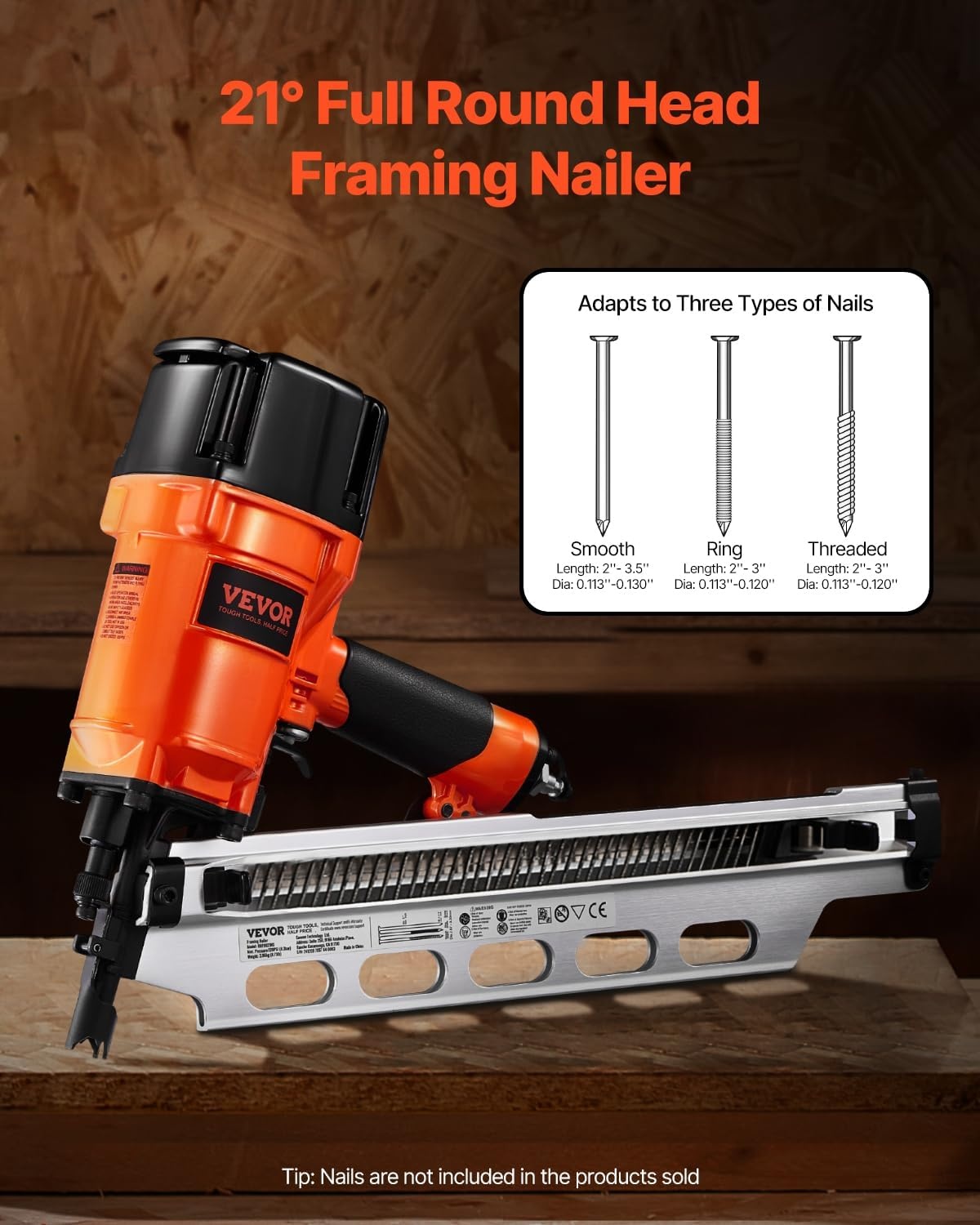 image:imageVEVOR Framing Nailer 80120PSI Air Nail Gun 2 to 312 21 Degree Full Round Head Pneumatic Framing Nailer with ToolLess Depth Adjustment amp Dual Trigger Modes Ideal for Framing Decking Flooring