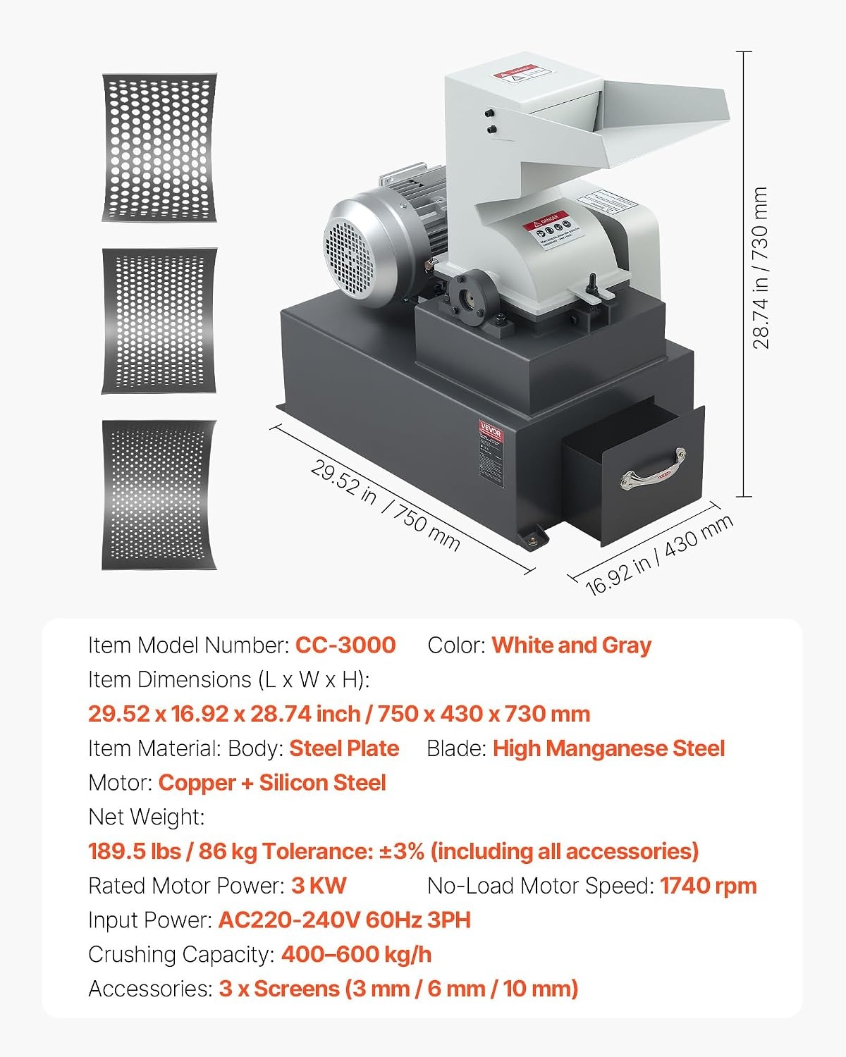 image:imageVEVOR Hammer Crusher 3KW 220V Electric Rock Stone Shatter Grinder Glass Crushing Machine with 400 to 600 kgh Crushing Capacity Coal Crusher Milling Machine with 01202404 inch Sieve Screens