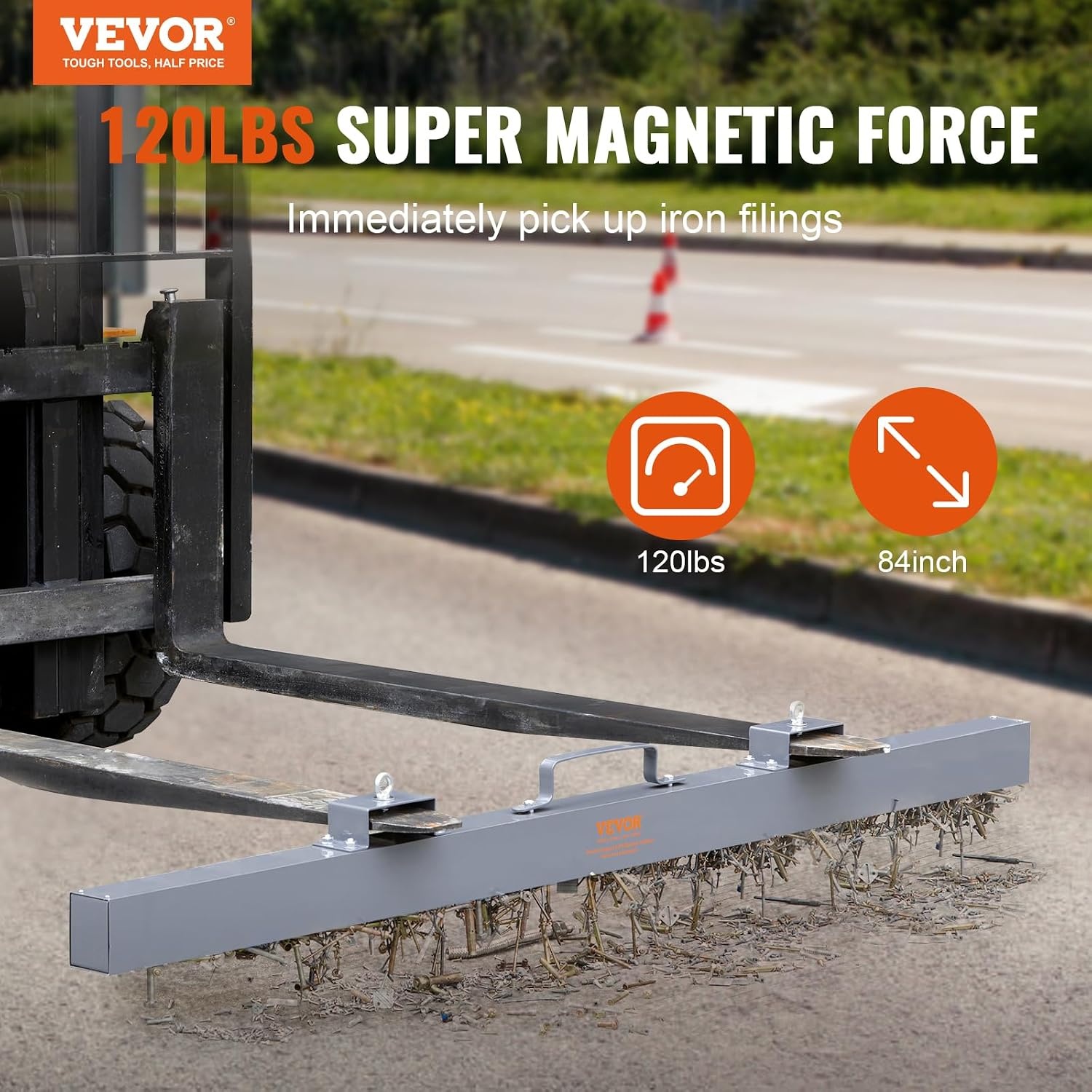 image:imageVEVOR Hanging Magnetic Sweeper Pickup Tool120lbs Nail HangType Magnetic Forklift SweeperIndustrial Grade Magnets Steel Material Hunting Accessories for Picking Up Nails Bolts Iron Chips Metals84 Inch 120lbs