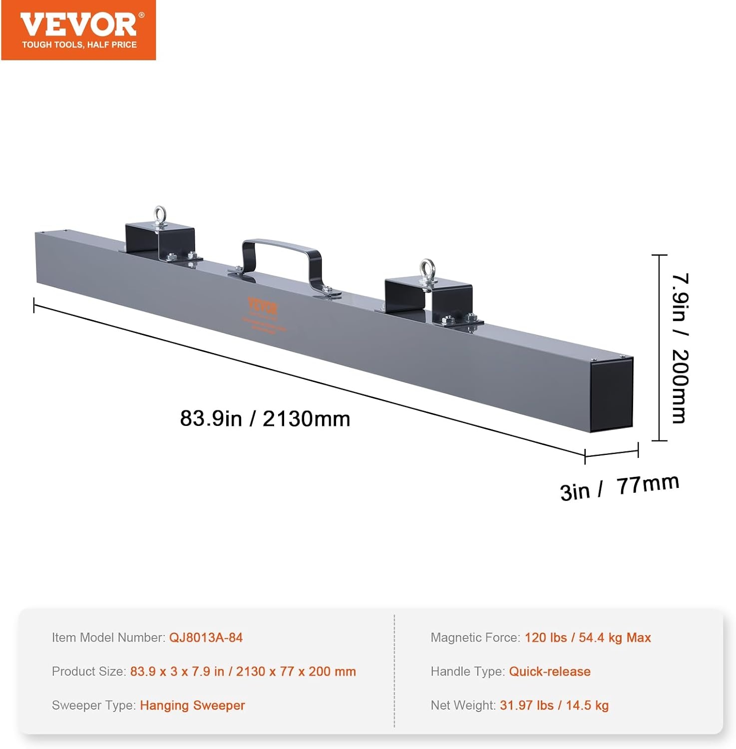 image:imageVEVOR Hanging Magnetic Sweeper Pickup Tool120lbs Nail HangType Magnetic Forklift SweeperIndustrial Grade Magnets Steel Material Hunting Accessories for Picking Up Nails Bolts Iron Chips Metals84 Inch 120lbs