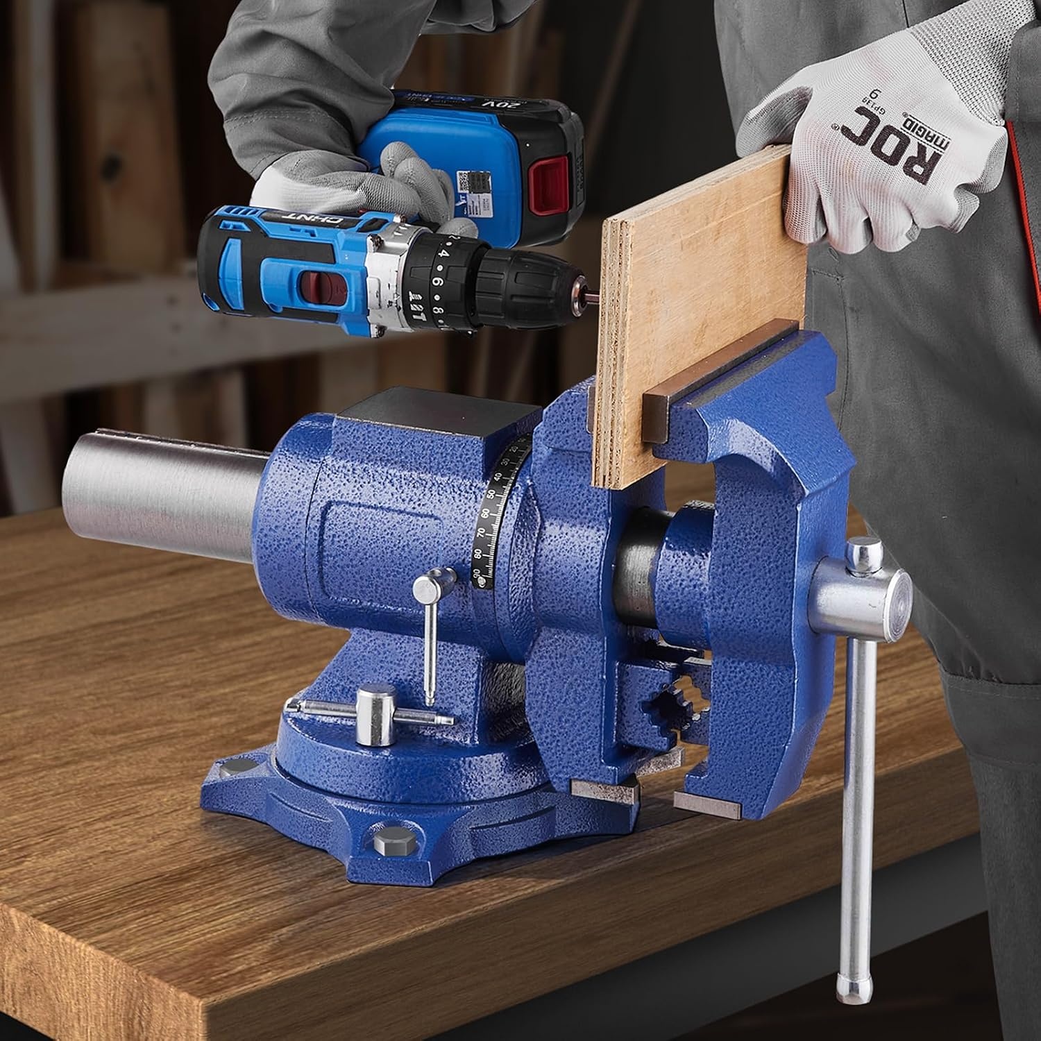 image:imageVEVOR Heavy Duty Bench Vise 55 Jaw Width Double Swivel Rotating MultiPurpose Bench Vise with 360 Locking Swivel Base and Head 276 Throat Depth 5 Max Jaw Opening for Drilling Pipe Cutting65 inch