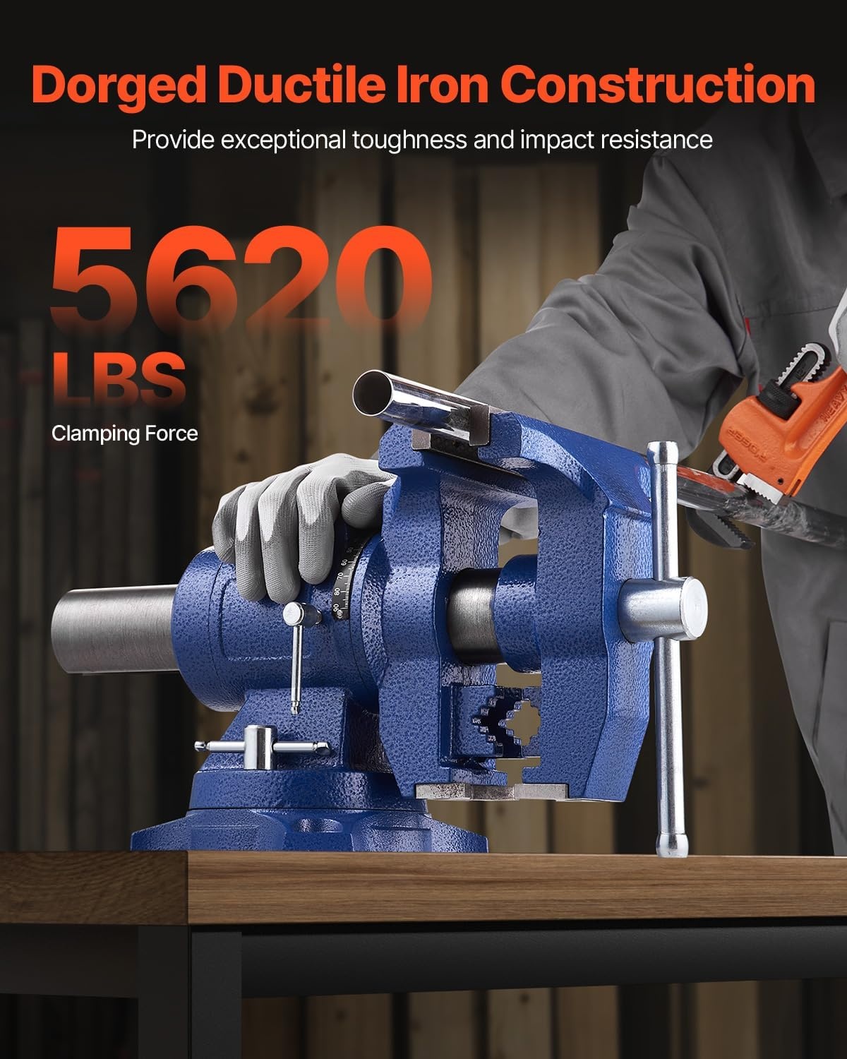 image:imageVEVOR Heavy Duty Bench Vise 55 Jaw Width Double Swivel Rotating MultiPurpose Bench Vise with 360 Locking Swivel Base and Head 276 Throat Depth 5 Max Jaw Opening for Drilling Pipe Cutting65 inch