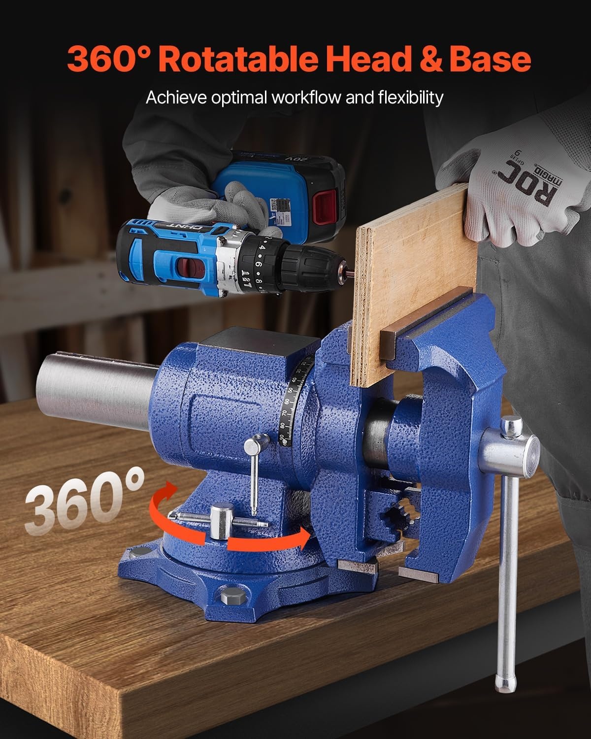 image:imageVEVOR Heavy Duty Bench Vise 55 Jaw Width Double Swivel Rotating MultiPurpose Bench Vise with 360 Locking Swivel Base and Head 276 Throat Depth 5 Max Jaw Opening for Drilling Pipe Cutting65 inch