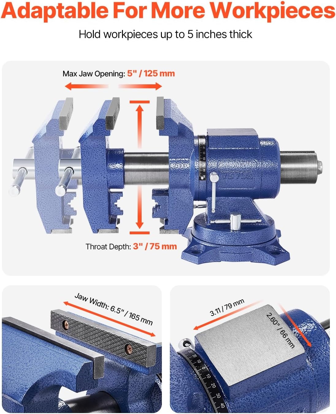 image:imageVEVOR Heavy Duty Bench Vise 55 Jaw Width Double Swivel Rotating MultiPurpose Bench Vise with 360 Locking Swivel Base and Head 276 Throat Depth 5 Max Jaw Opening for Drilling Pipe Cutting65 inch