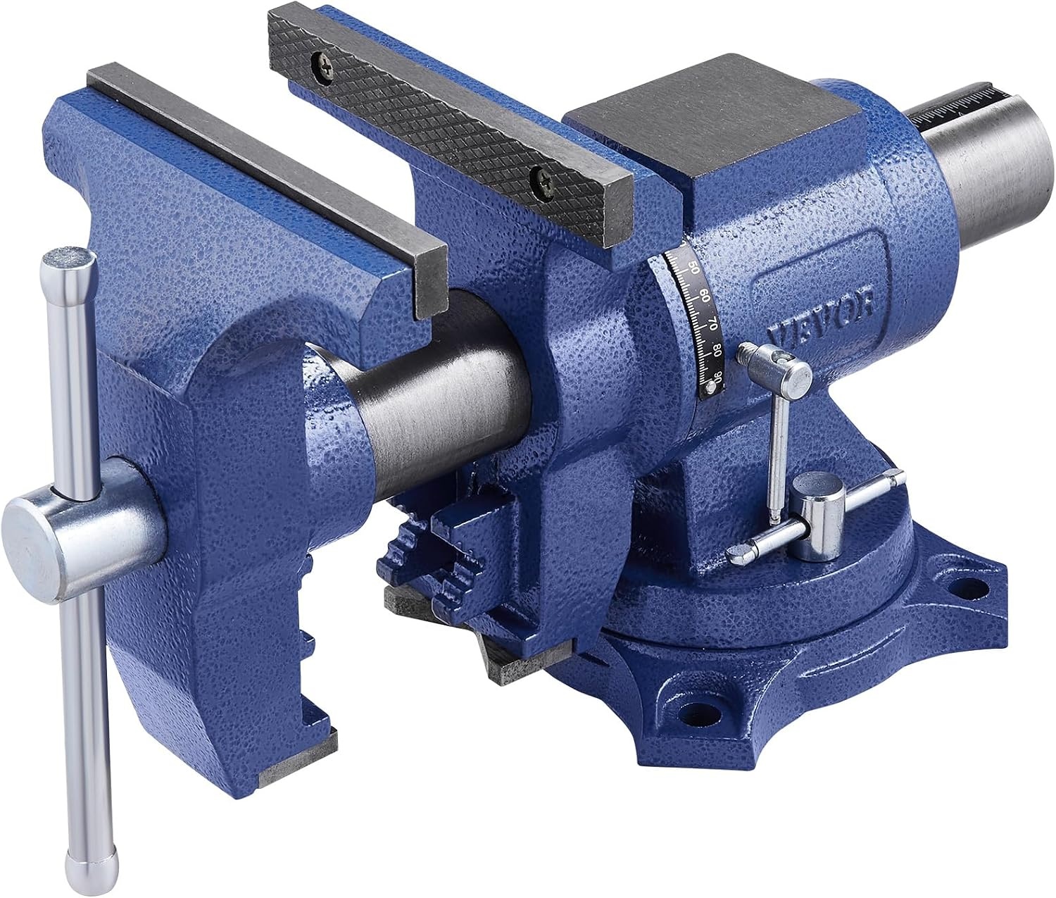 image:imageVEVOR Heavy Duty Bench Vise 55 Jaw Width Double Swivel Rotating MultiPurpose Bench Vise with 360 Locking Swivel Base and Head 276 Throat Depth 5 Max Jaw Opening for Drilling Pipe Cutting65 inch