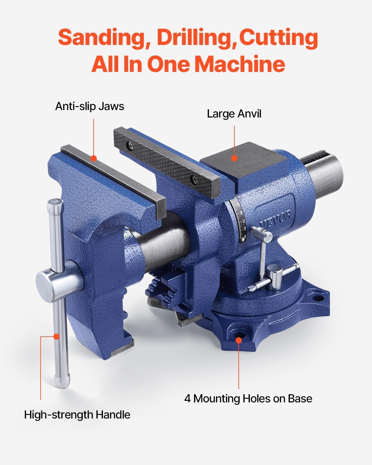 image:imageVEVOR Heavy Duty Bench Vise 55 Jaw Width Double Swivel Rotating MultiPurpose Bench Vise with 360 Locking Swivel Base and Head 276 Throat Depth 5 Max Jaw Opening for Drilling Pipe Cutting65 inch