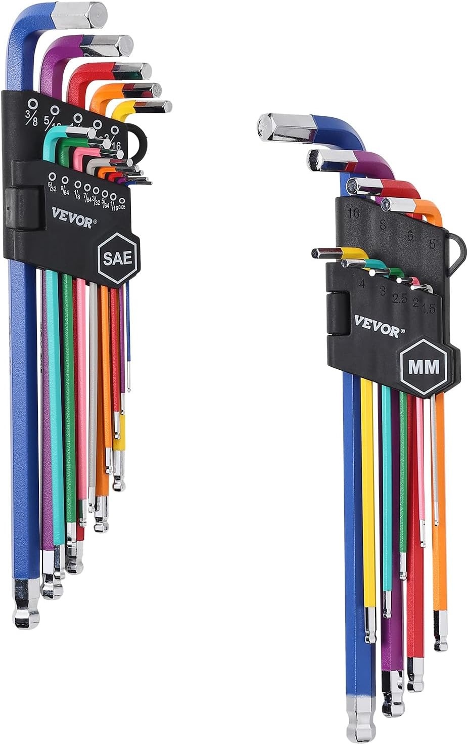 image:imageVEVOR Hex Key Allen Wrench Set 22 pcs SAE 005038 in and Metric 1510 mm Color Coding Allen Wrenches Sets with Ball End Long Arm LShaped Hex Key for Bicycle Household Automobile Repair