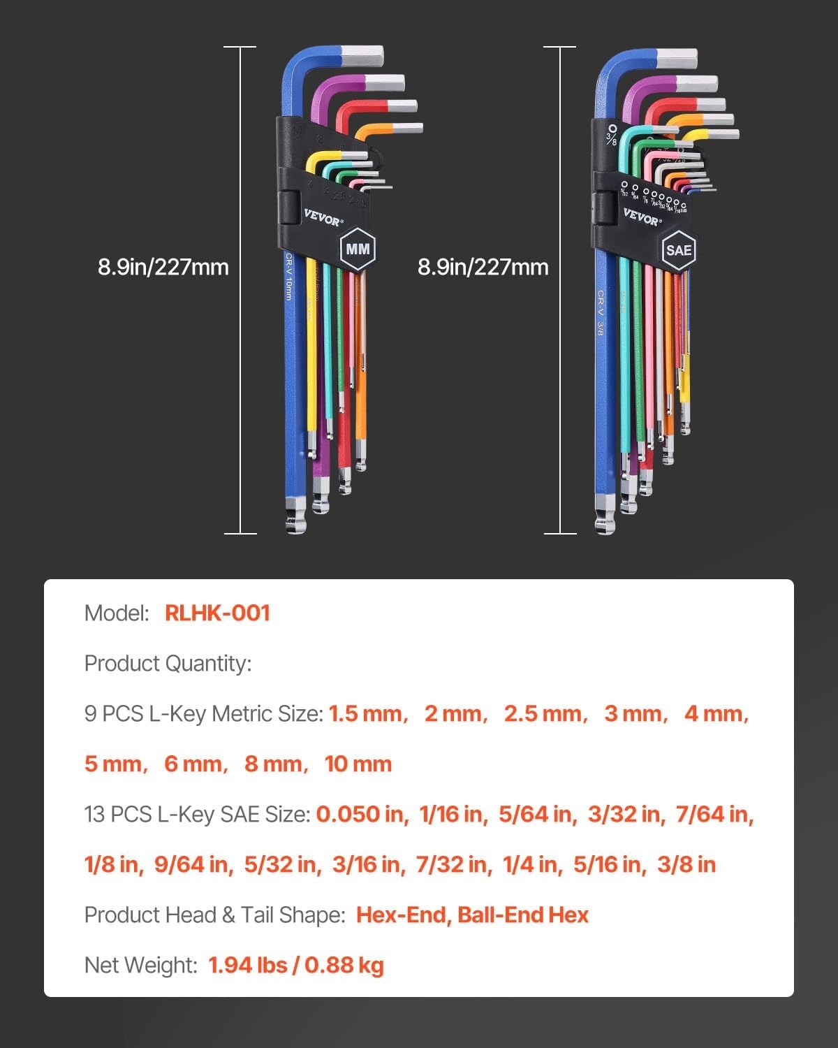 image:imageVEVOR Hex Key Allen Wrench Set 22 pcs SAE 005038 in and Metric 1510 mm Color Coding Allen Wrenches Sets with Ball End Long Arm LShaped Hex Key for Bicycle Household Automobile Repair