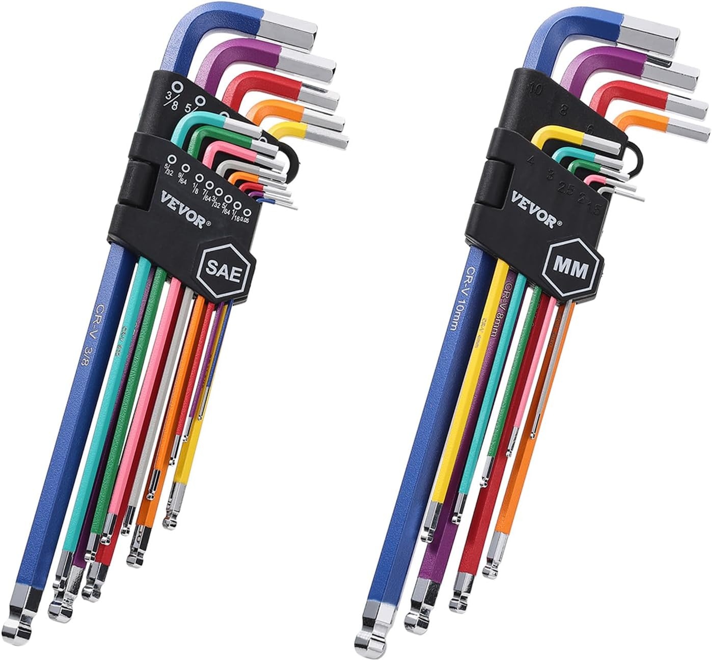 image:imageVEVOR Hex Key Allen Wrench Set 22 pcs SAE 005038 in and Metric 1510 mm Color Coding Allen Wrenches Sets with Ball End Long Arm LShaped Hex Key for Bicycle Household Automobile Repair