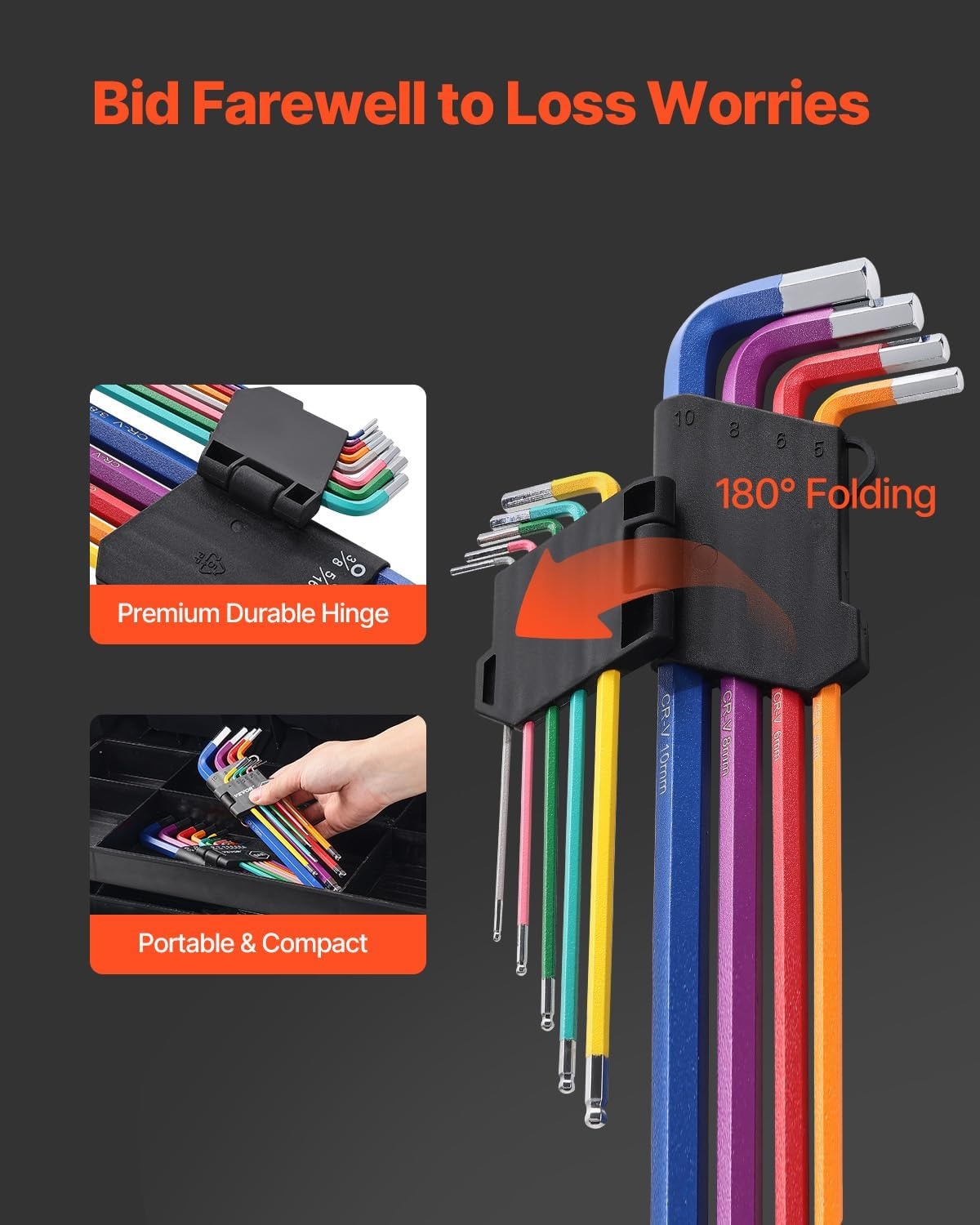 image:imageVEVOR Hex Key Allen Wrench Set 22 pcs SAE 005038 in and Metric 1510 mm Color Coding Allen Wrenches Sets with Ball End Long Arm LShaped Hex Key for Bicycle Household Automobile Repair