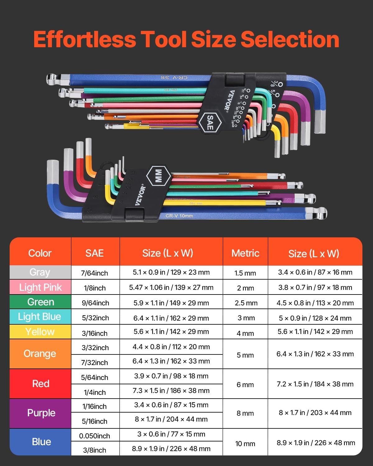 image:imageVEVOR Hex Key Allen Wrench Set 22 pcs SAE 005038 in and Metric 1510 mm Color Coding Allen Wrenches Sets with Ball End Long Arm LShaped Hex Key for Bicycle Household Automobile Repair