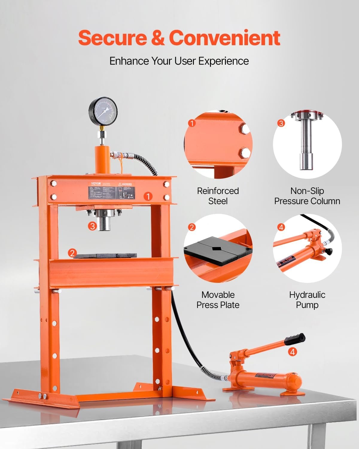 image:imageVEVOR Hydraulic Shop Press 20 T HFrame Pneumatic Shop Press with Press Plate Stable Garage Floor Adjustable Hydraulic Press with Triangular Support Fit for Bending Straightening amp Stamping10T