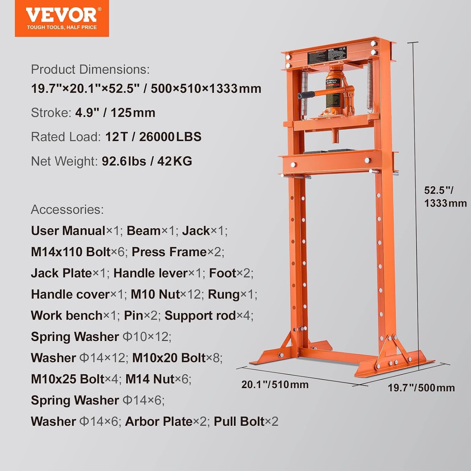 image:imageVEVOR Hydraulic Shop Press 20 T HFrame Pneumatic Shop Press with Press Plate Stable Garage Floor Adjustable Hydraulic Press with Triangular Support Fit for Bending Straightening amp Stamping12T