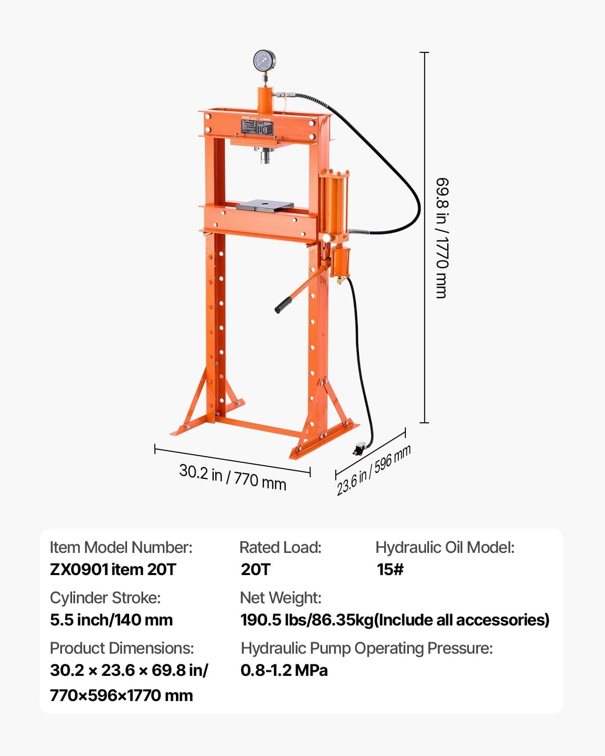image:imageVEVOR Hydraulic Shop Press 20 T HFrame Pneumatic Shop Press with Press Plate Stable Garage Floor Adjustable Hydraulic Press with Triangular Support Fit for Bending Straightening amp Stamping20T