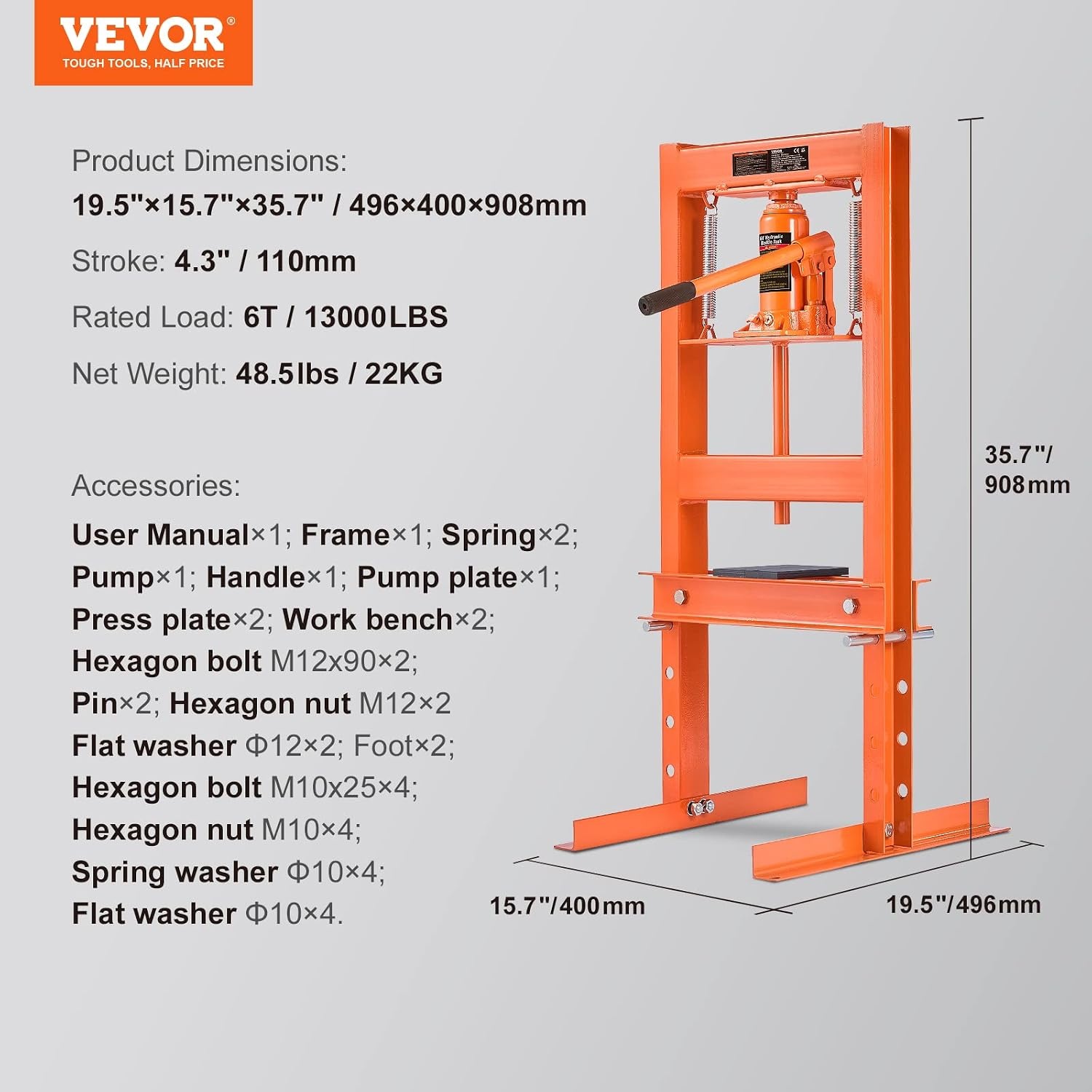 image:imageVEVOR Hydraulic Shop Press 20 T HFrame Pneumatic Shop Press with Press Plate Stable Garage Floor Adjustable Hydraulic Press with Triangular Support Fit for Bending Straightening amp Stamping6T
