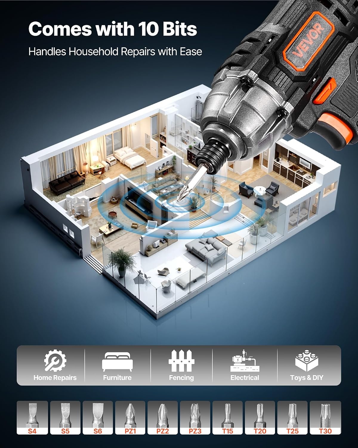 image:imageVEVOR Impact Driver 14 Inch 3000 RPM Max Speed 12 V Brushless Motor Electric Cordless Impact Driver Kit with Battery and Charger 20 Bits LED Work Light for Furniture Electrical Home Repairs180Nm 2800BPM