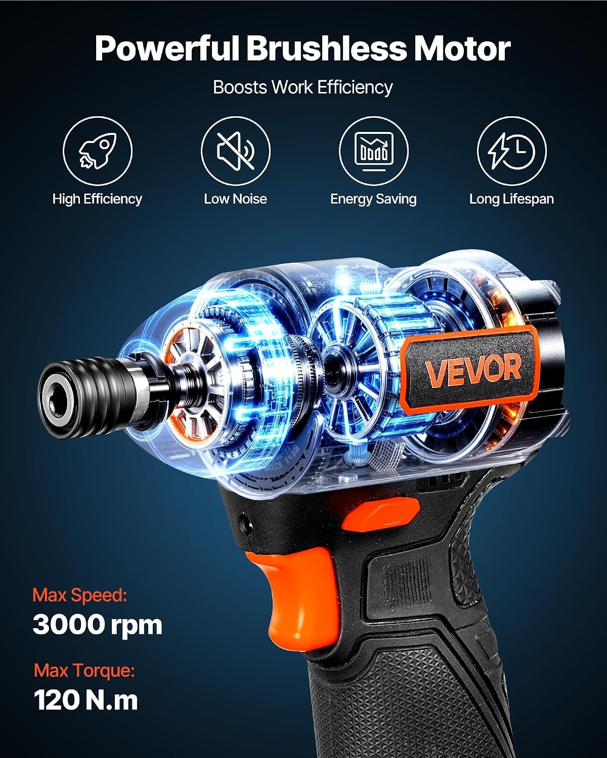 image:imageVEVOR Impact Driver 14 Inch 3000 RPM Max Speed 12 V Brushless Motor Electric Cordless Impact Driver Kit with Battery and Charger 20 Bits LED Work Light for Furniture Electrical Home Repairs120Nm 3400BPM