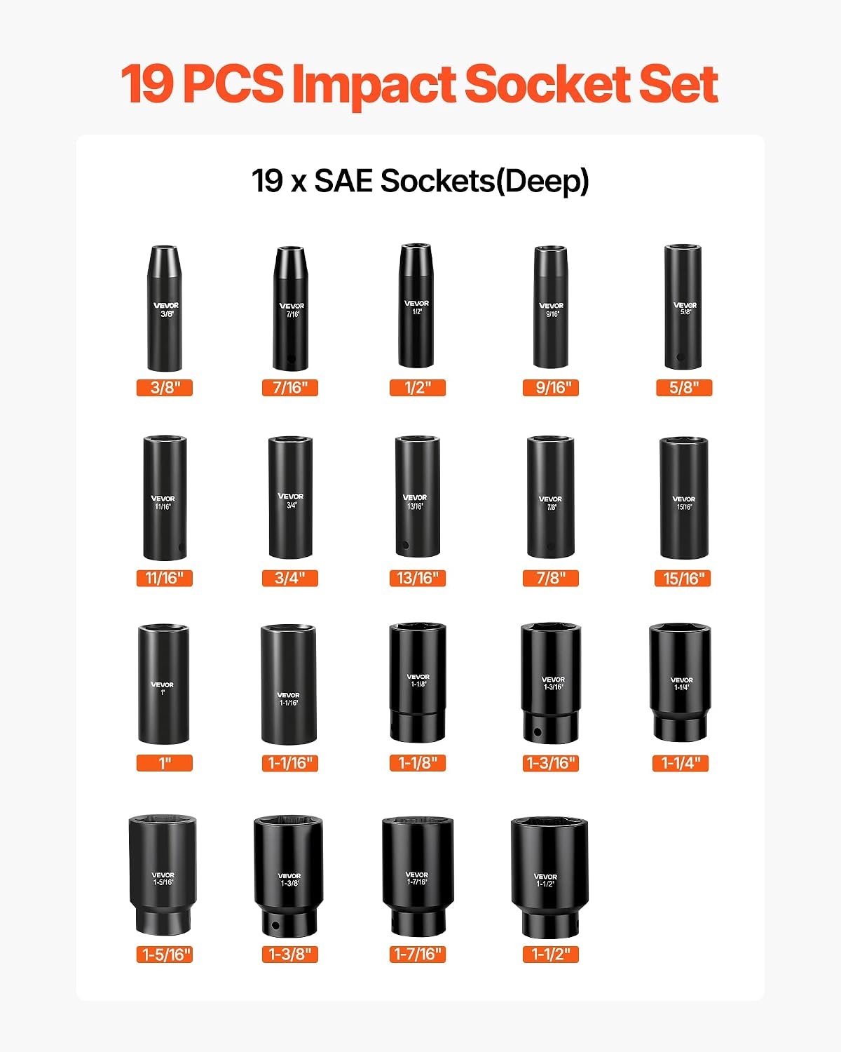 image:imageVEVOR Impact Socket Set 12 19 Piece Impact Sockets Deep Socket 6Point Sockets 12 Drive Set 38 to 112 CrV Rugged Construction Easy to Identify with a Sturdy Storage Case for Vehicles